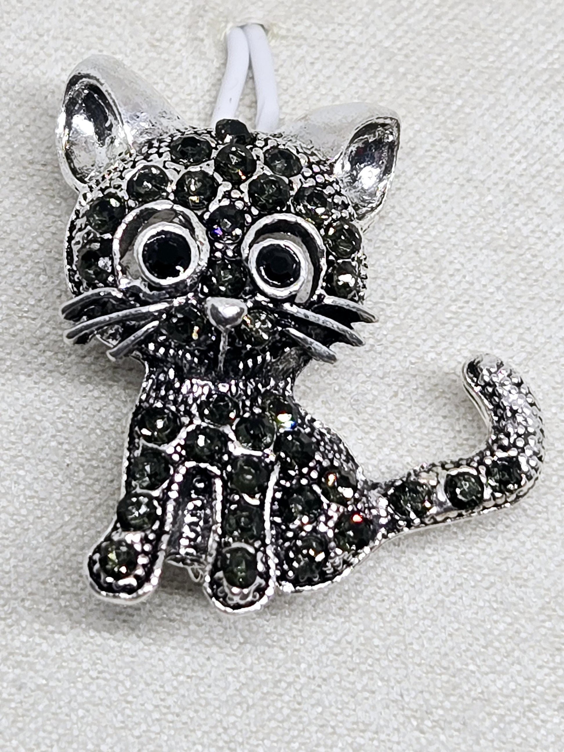 Whimsical Silver Cat Brooch, Black Rhinestones (1.5 Inch Sparkle Pin)