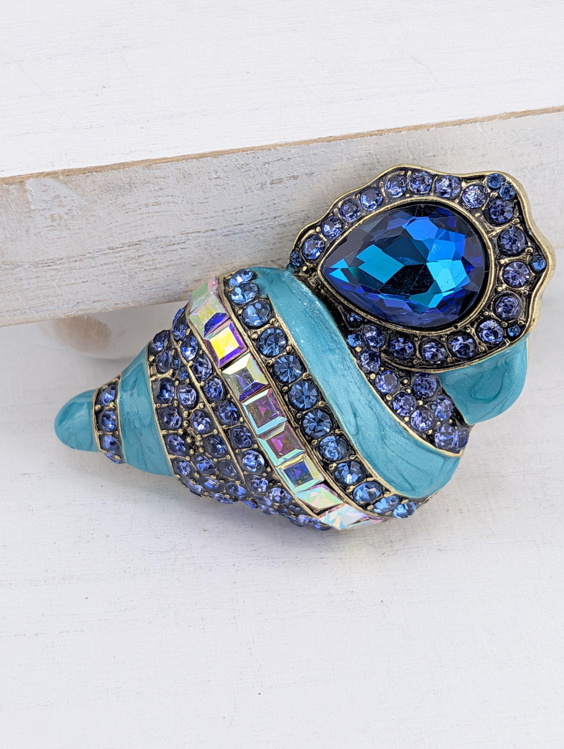Coastal Brooch: Blue Shell Pin - Gold & Silver Plated with Rhinestones