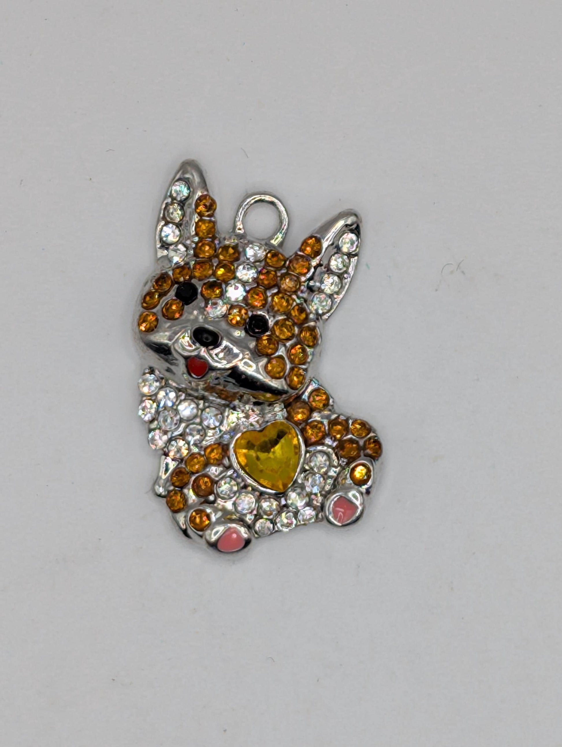 Silver Corgi Pendant - Yellow Heart and Sparkling Rhinestones | Bag Charm | Purse Accessory | Gift Idea