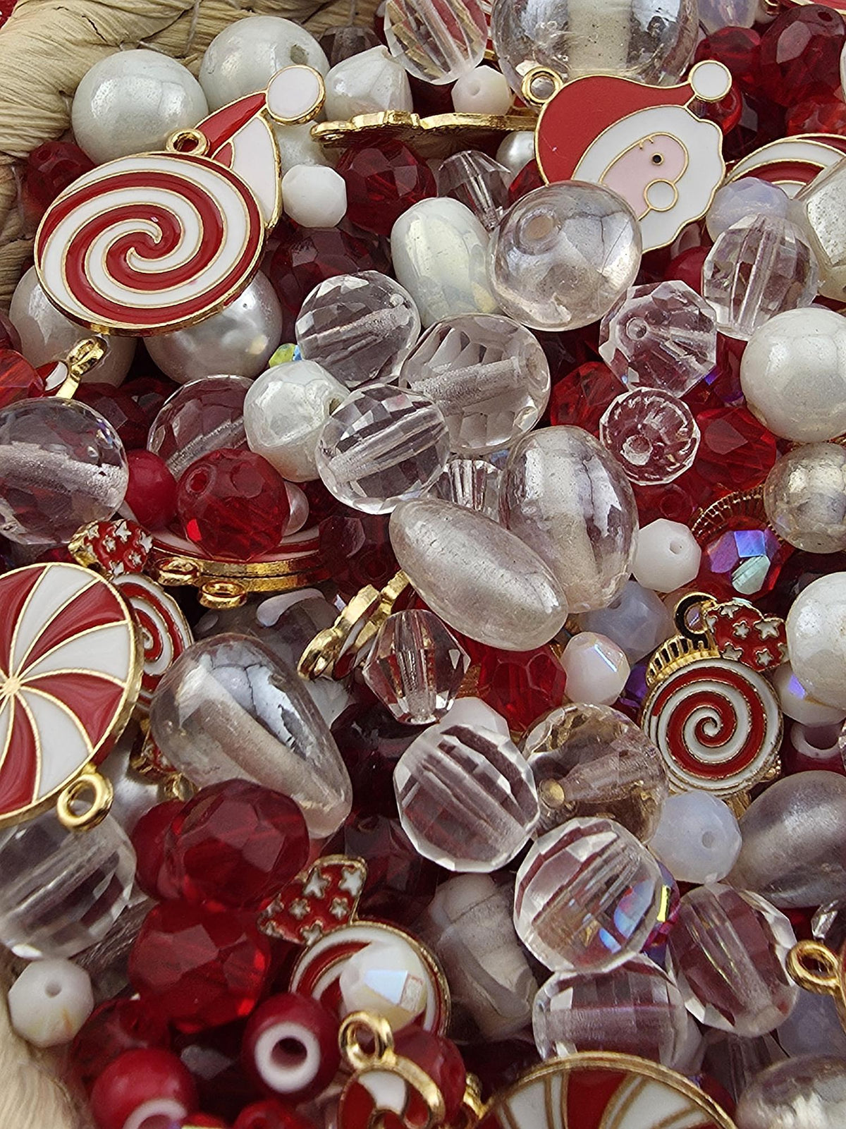 Candy Cane Lane Bead Soup Mix, Peppermint Red White and Gold Glass | Christmas Beads | DIY Jewelry Kit