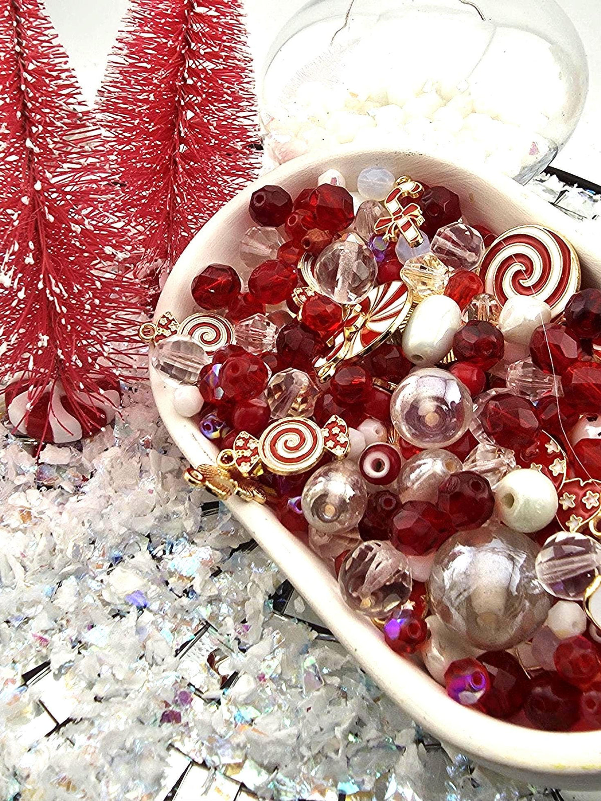 Candy Cane Lane Bead Soup Mix, Peppermint Red White and Gold Glass | Christmas Beads | DIY Jewelry Kit