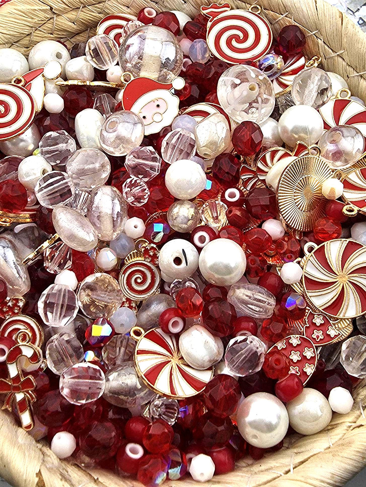 Candy Cane Lane Bead Soup Mix, Peppermint Red White and Gold Glass | Christmas Beads | DIY Jewelry Kit