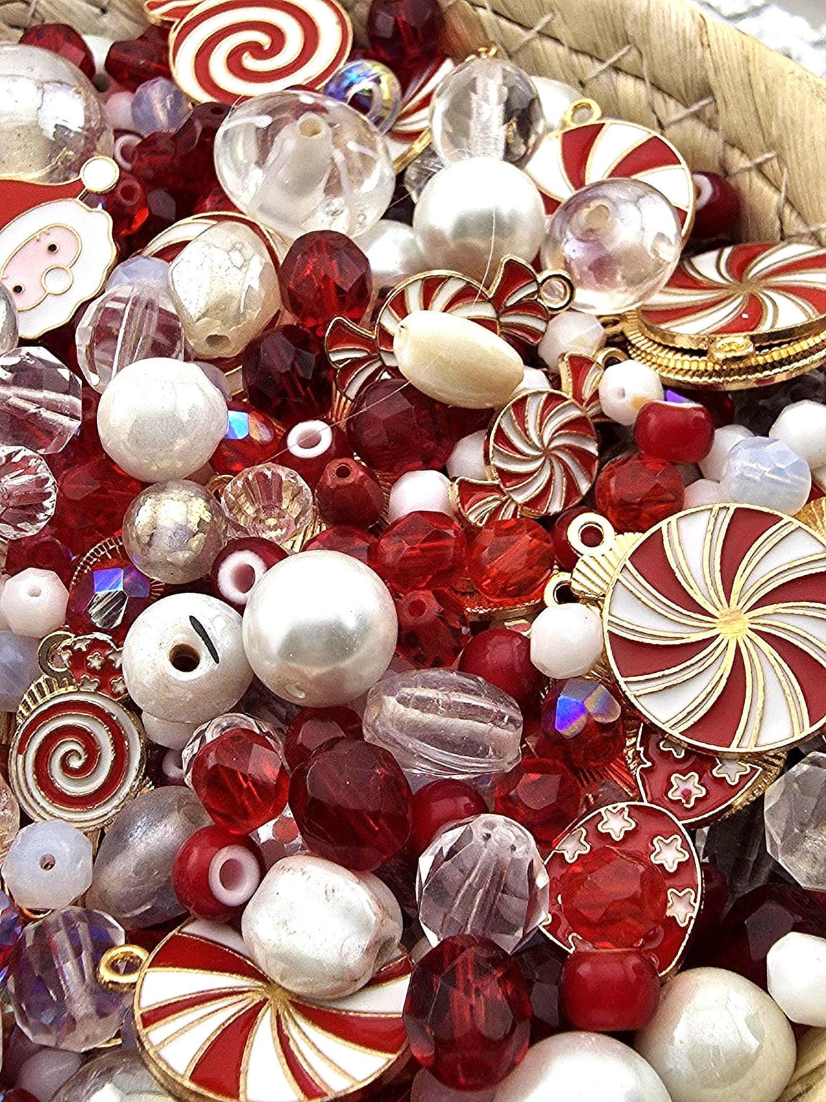 Candy Cane Lane Bead Soup Mix, Peppermint Red White and Gold Glass | Christmas Beads | DIY Jewelry Kit