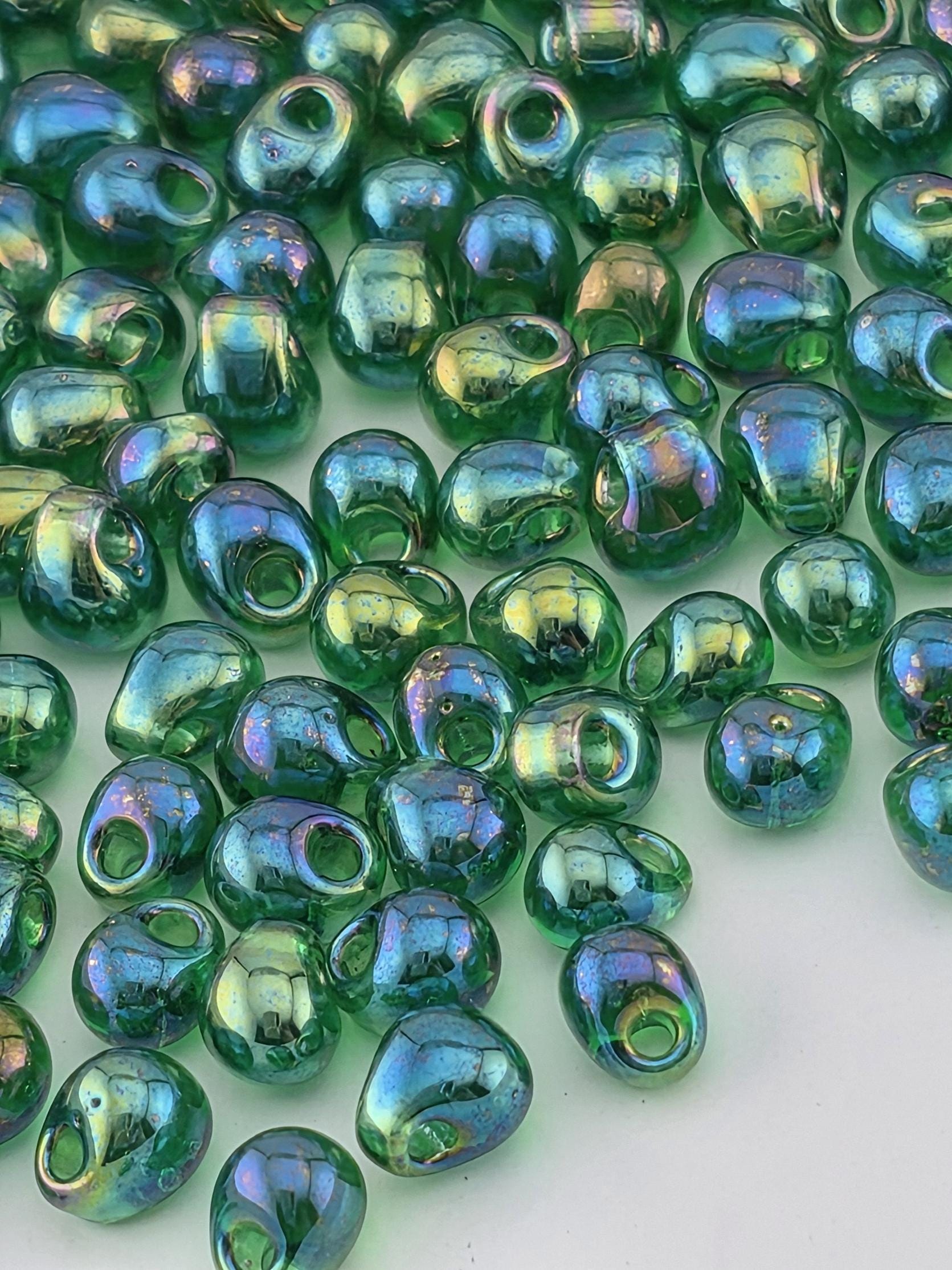 Green Translucent Miyuki Drop Beads: Rainbow Finish, 3.4mm, 15g Pack