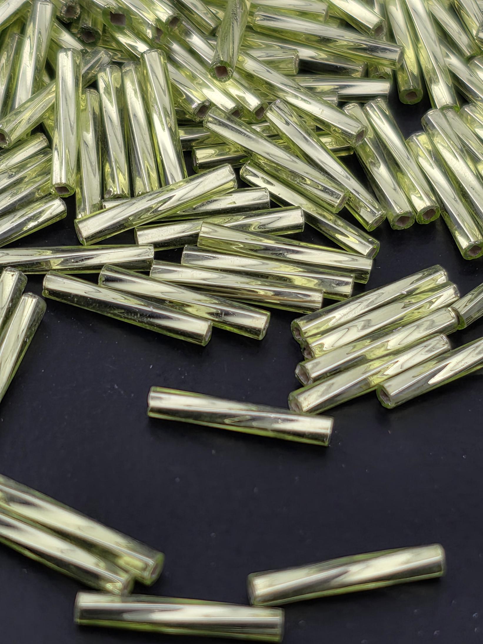 Miyuki Twisted Bugles 2x12 Lime Green Translucent Silver-Lined Size 2x12mm