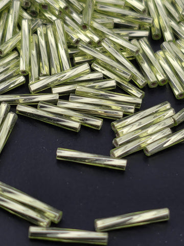 Miyuki Twisted Bugles 2x12 Lime Green Translucent Silver-Lined Size 2x12mm