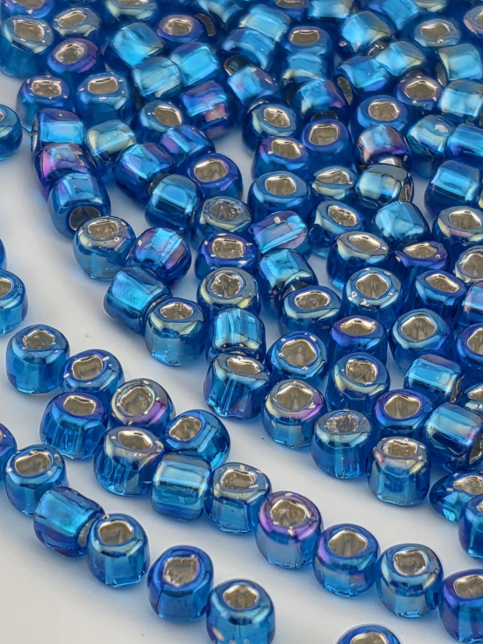 Matsuno Seed Beads Size 6: Turquoise Blue, Silver-Lined Rainbow, 15g Pack