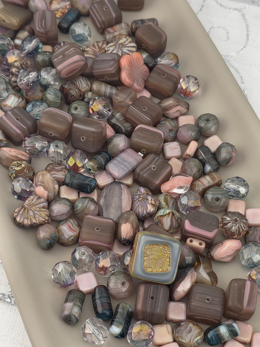 1oz Czech Glass Bead Mix "Chocolate Covered Strawberries" Brown & Pink