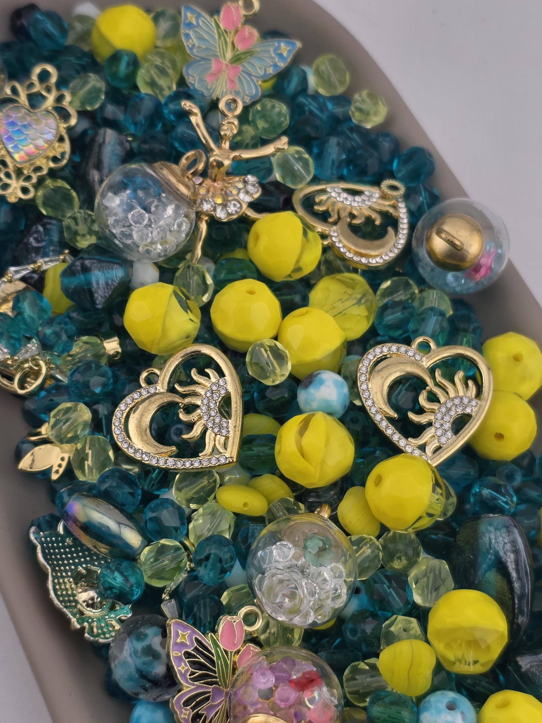 Glass Bead Mix: Bright Yellow and Blue - Flower Charms Included | Jewelry Making Bracelet Supply | Learise Curated Mix