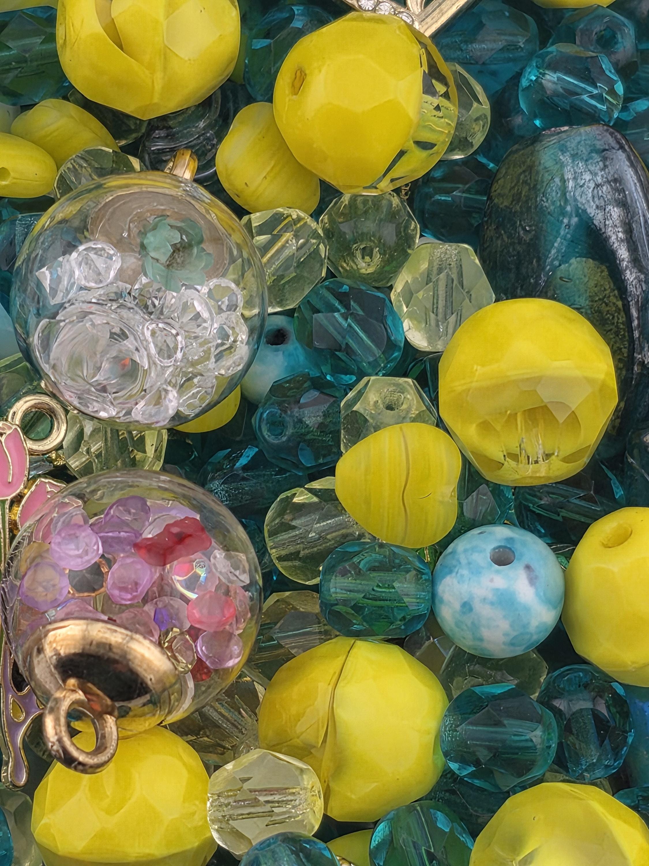 Glass Bead Mix: Bright Yellow and Blue - Flower Charms Included | Jewelry Making Bracelet Supply | Learise Curated Mix
