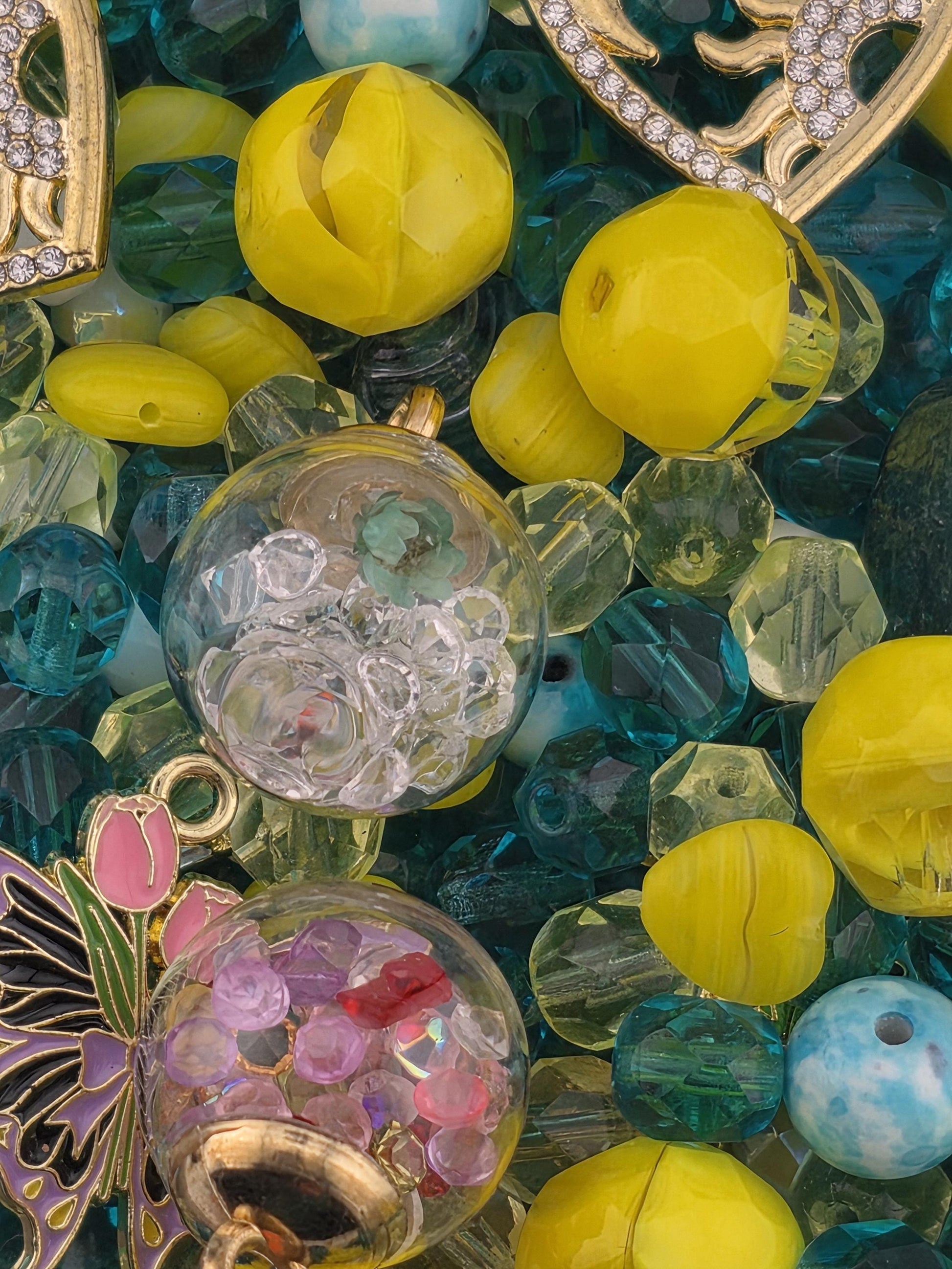 Glass Bead Mix: Bright Yellow and Blue - Flower Charms Included | Jewelry Making Bracelet Supply | Learise Curated Mix