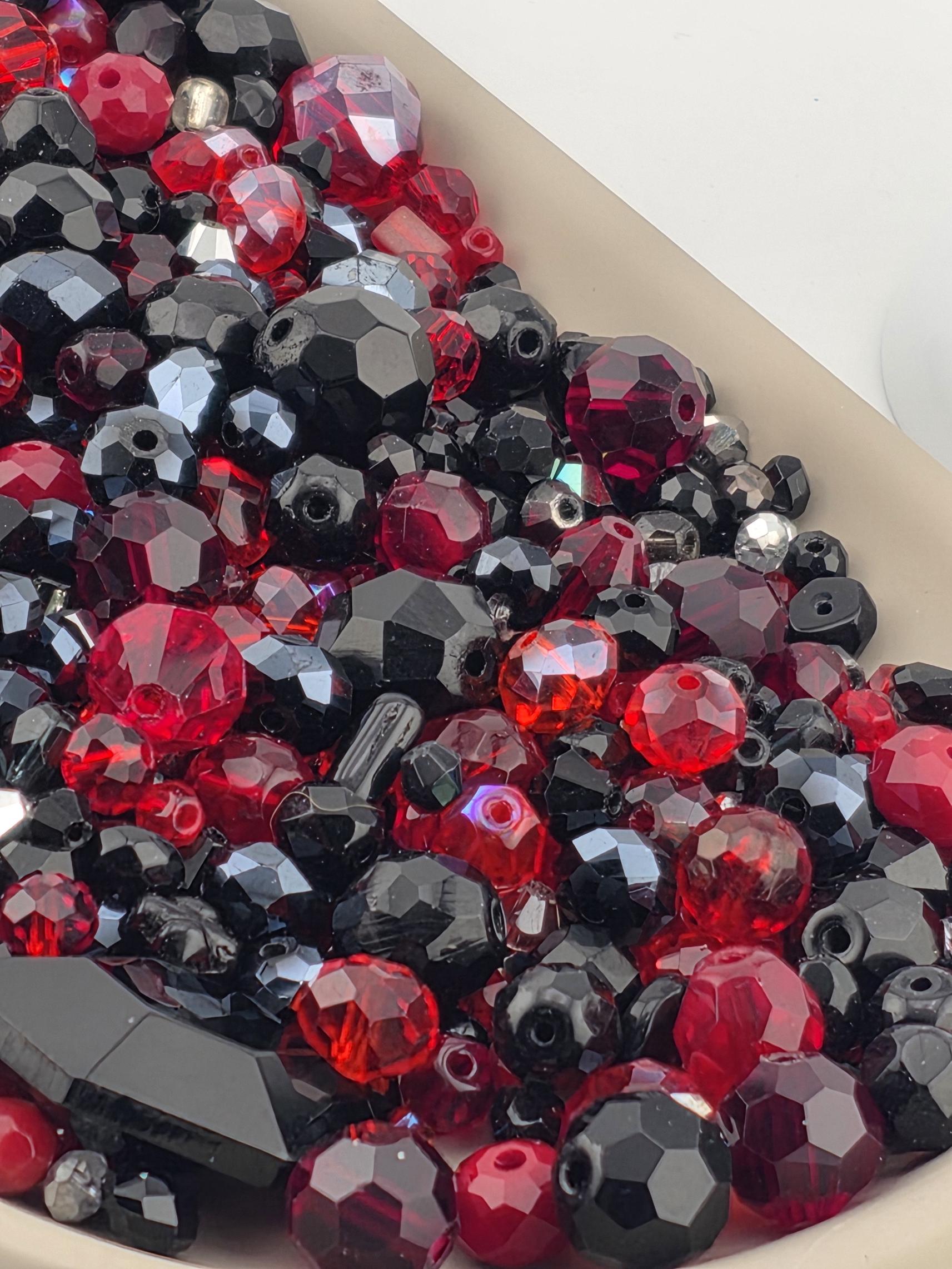 Midnight Flame Glass Beads, Red and Black Mix (Faceted Czech Bead Soup) | Jewelry Making Bracelet Supply | Learise Curated Mix