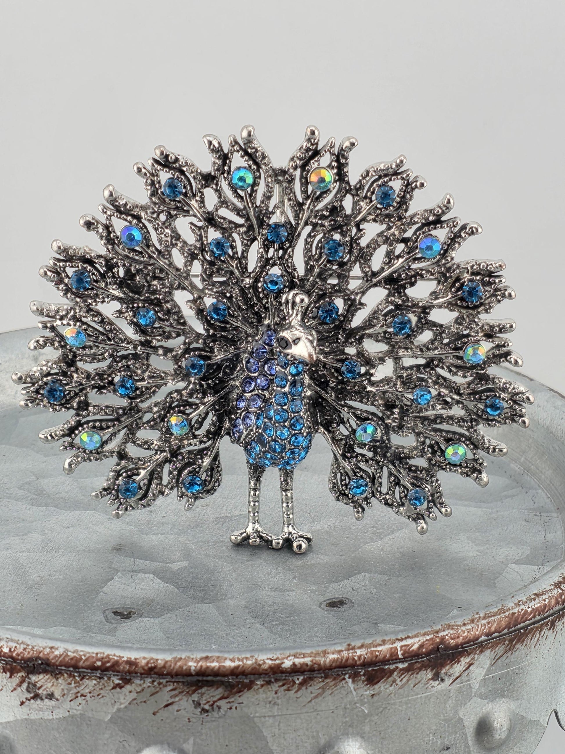 Nature-Inspired Peacock Brooch Pin, Colorful Enamel (Silver Plated, Rhinestones)