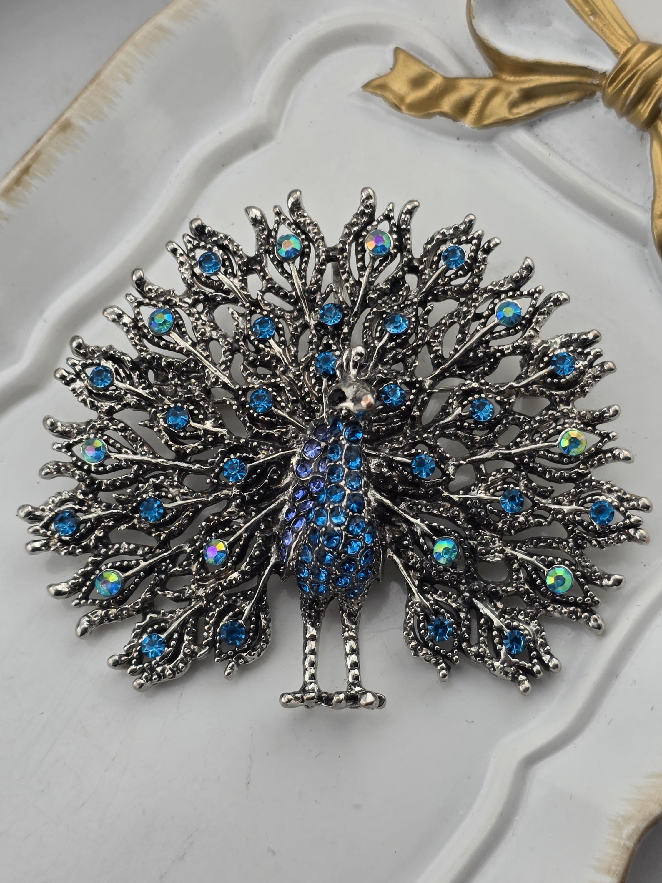 Nature-Inspired Peacock Brooch Pin, Colorful Enamel (Silver Plated, Rhinestones)