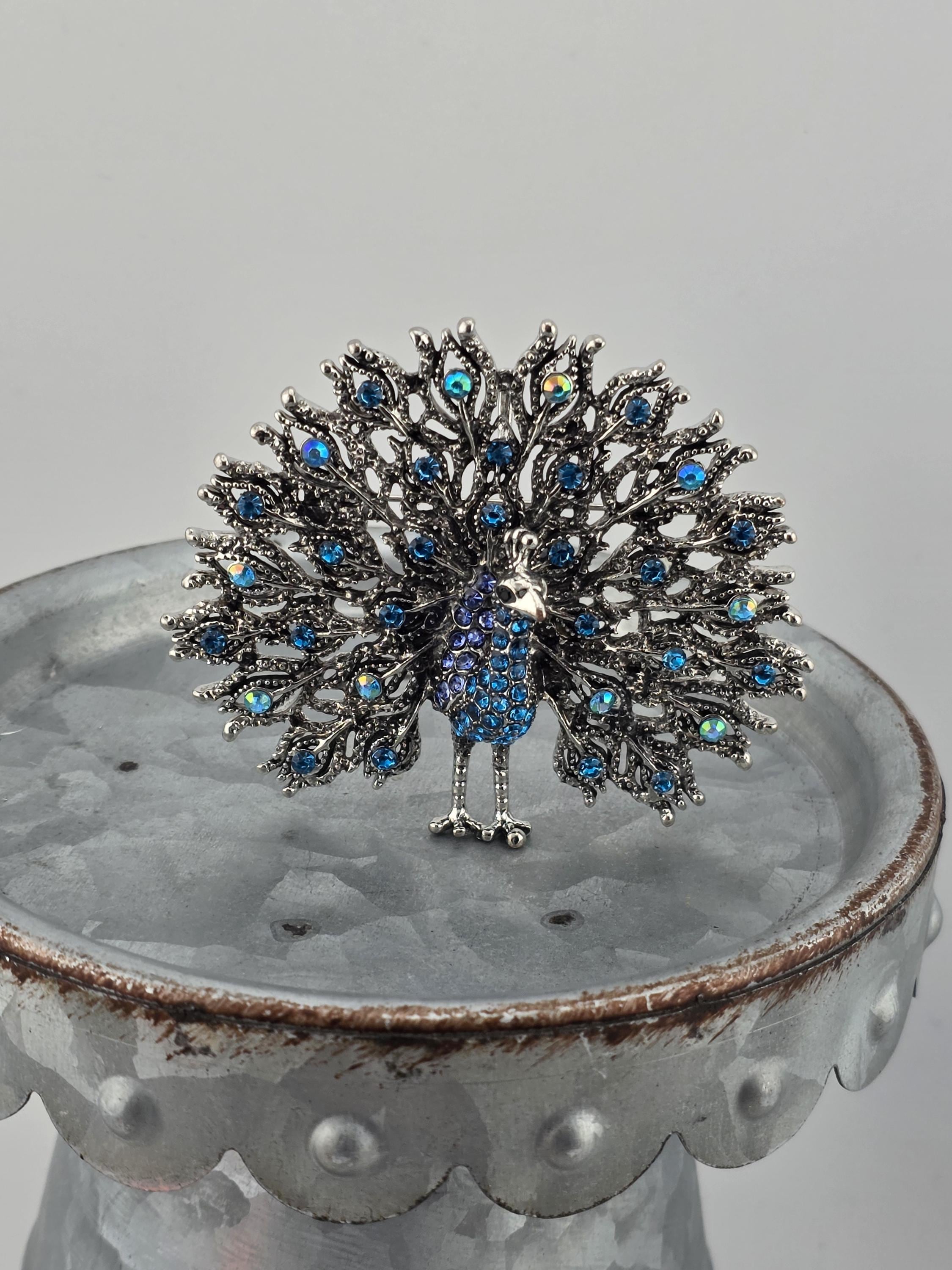 Nature-Inspired Peacock Brooch Pin, Colorful Enamel (Silver Plated, Rhinestones) | Handmade Pin | Jacket Scarf Hat Accessory | Gift Idea