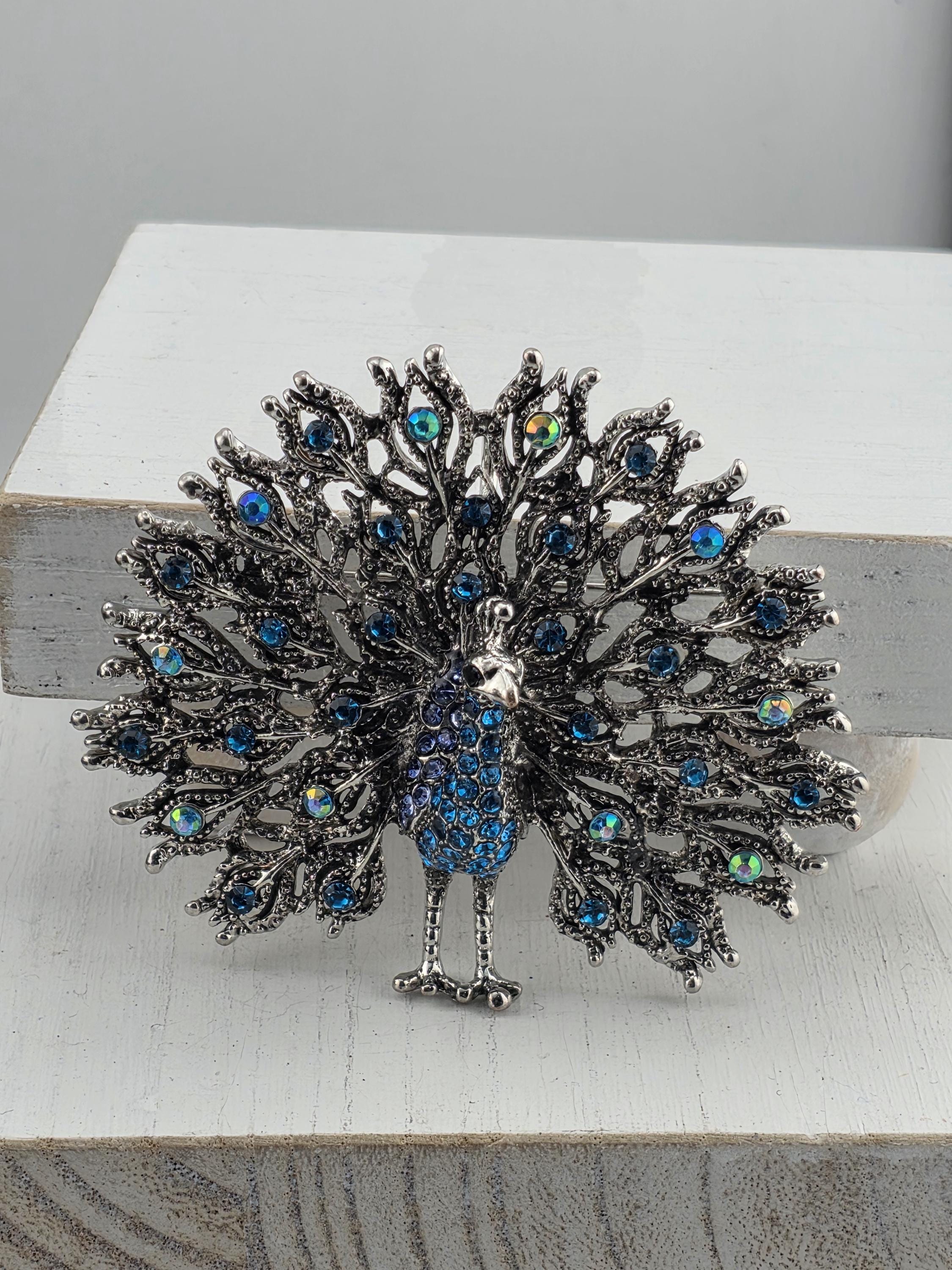 Nature-Inspired Peacock Brooch Pin, Colorful Enamel (Silver Plated, Rhinestones)