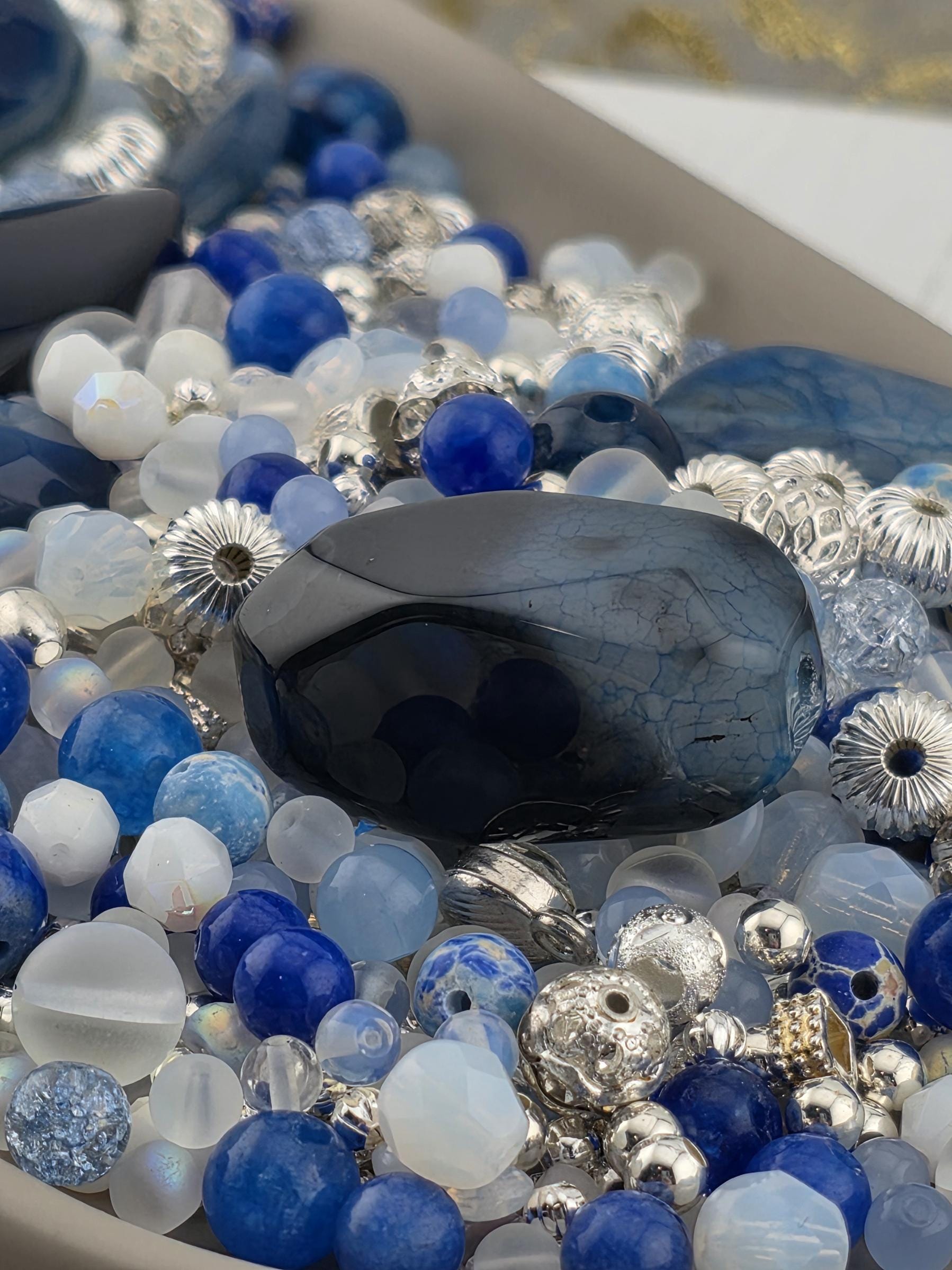 Exclusive "Deep Sea Dragon Veins" Blue Dragon Vein & Striped Agate Gemstone Bead Mix: Natural Gemstone Beads for Jewelry Making