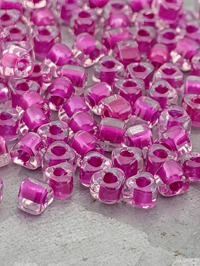 Crystal/Fuchsia Inside Color Lined Miyuki Triangle Size 5/0 (15g Pkg) | Japanese Seed Beads | Bead Weaving Embroidery Supply | DIY Jewelry