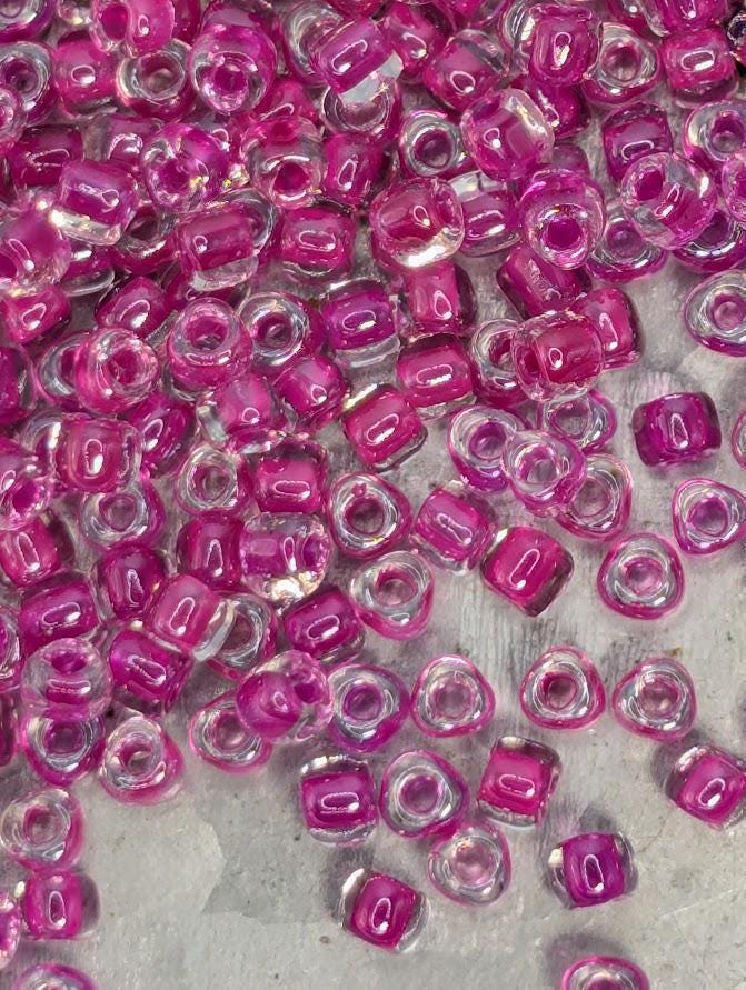 Crystal/Fuchsia Inside Color Lined Miyuki Triangle Size 8/0 (15g Pkg)