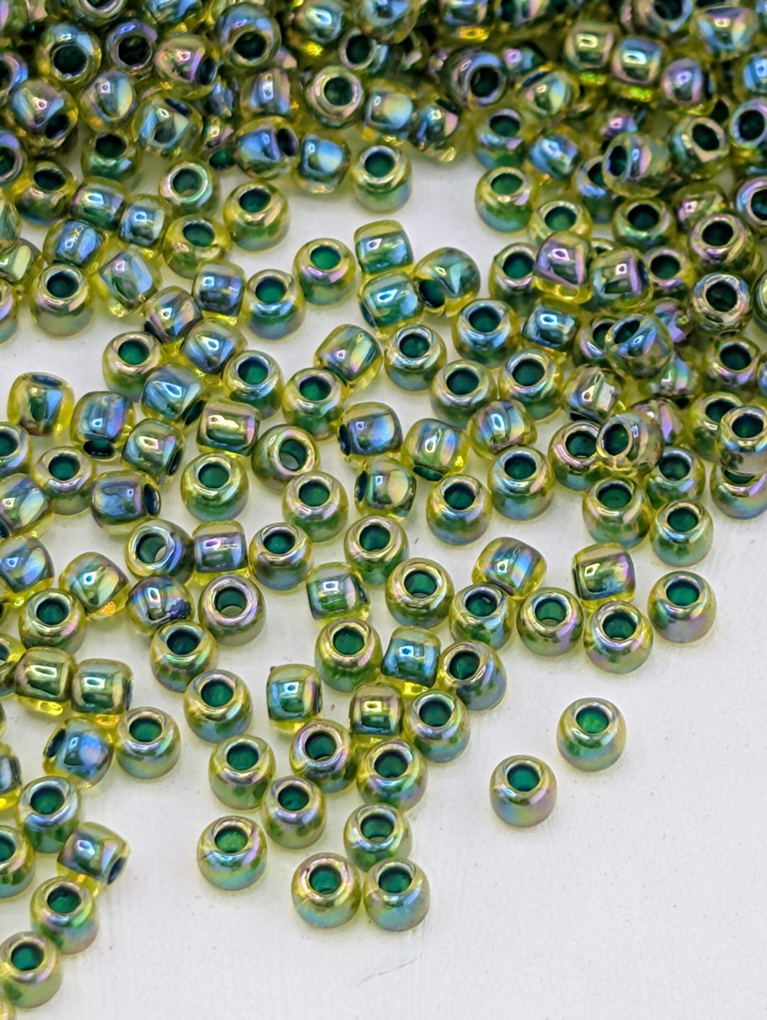 Inside-Color Rainbow Jonquil/Forest Green-Lined Size 11/0 Toho Round 2.5" tube