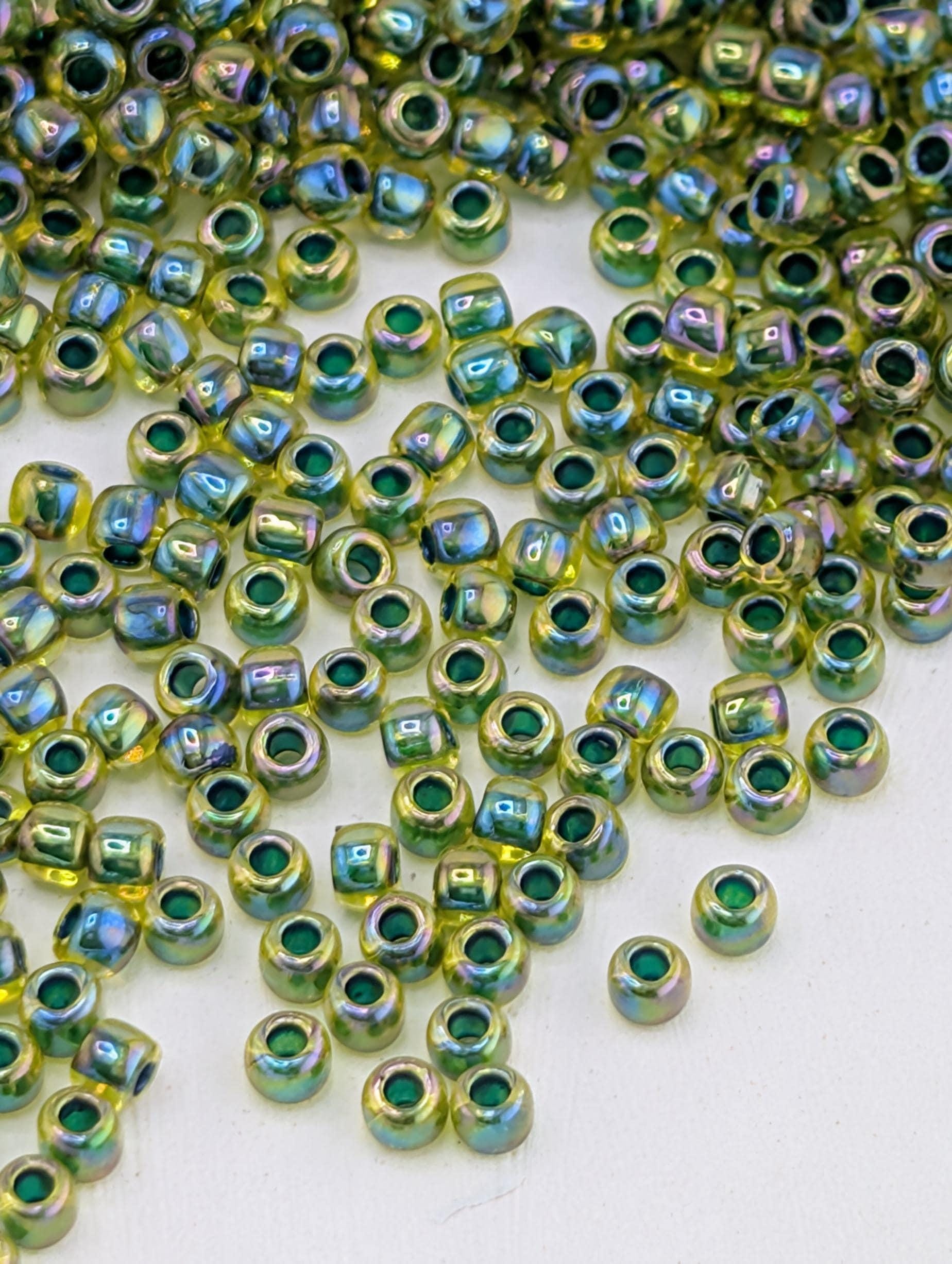 Inside-Color Rainbow Jonquil/Forest Green-Lined Size 11/0 Toho Round 2.5" tube