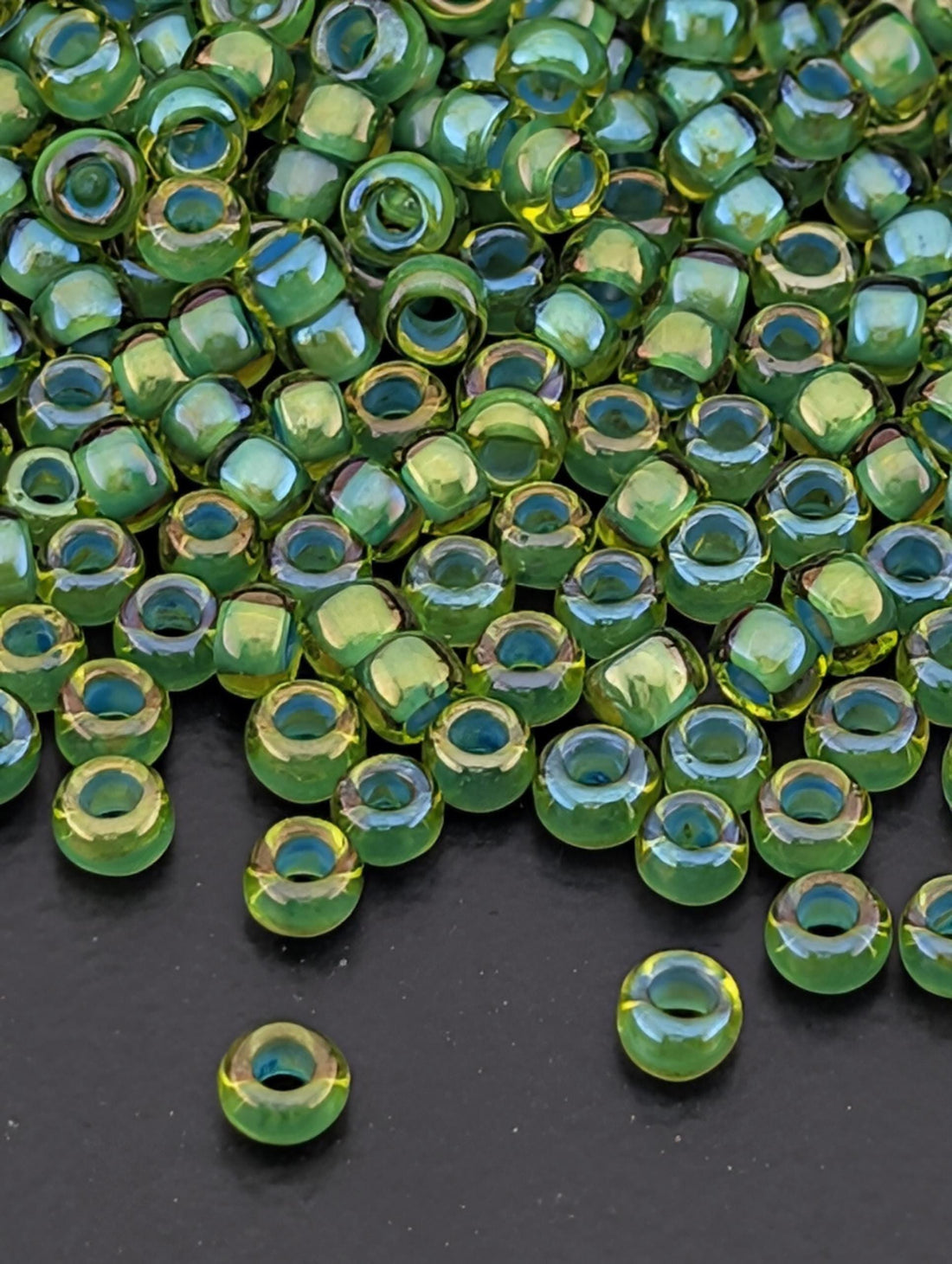 Inside-Color Lime Green/Opaque Green-Lined Size 8/0 Toho Round 2.5" tube