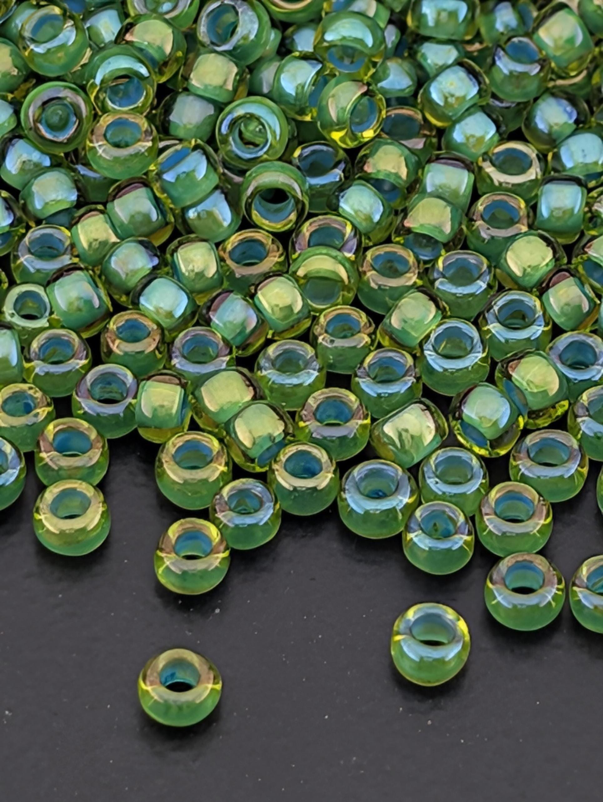 Inside-Color Lime Green/Opaque Green-Lined Size 8/0 Toho Round 2.5" tube