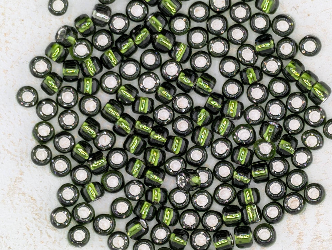 Matsuno Seed Beads: Olive Green Transparent with Silver Lining - Size 6, 15g Pack