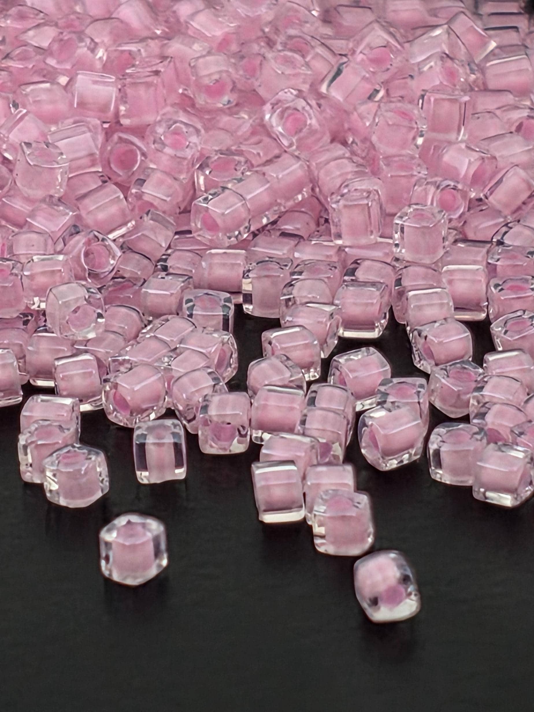 Miyuki Square/Cubes Crystal/Pink Inside Color Lined Sparkle Size 1.5mm