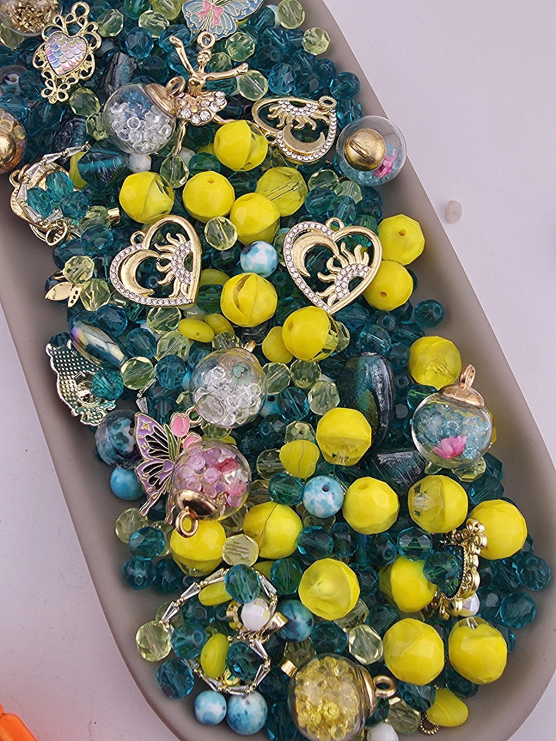 Glass Bead Mix: Bright Yellow and Blue - Flower Charms Included | Jewelry Making Bracelet Supply | Learise Curated Mix