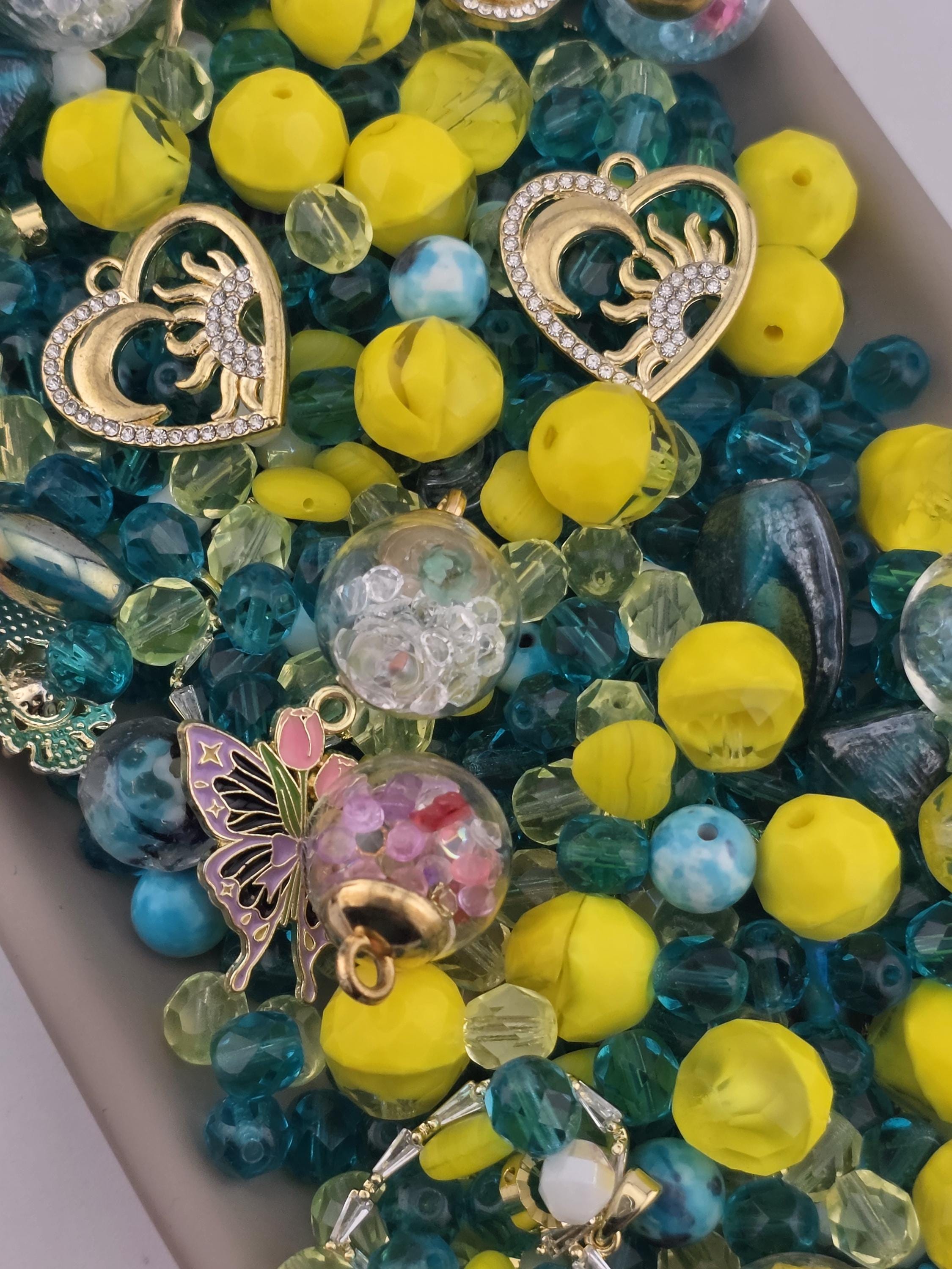 Glass Bead Mix: Bright Yellow and Blue - Flower Charms Included | Jewelry Making Bracelet Supply | Learise Curated Mix