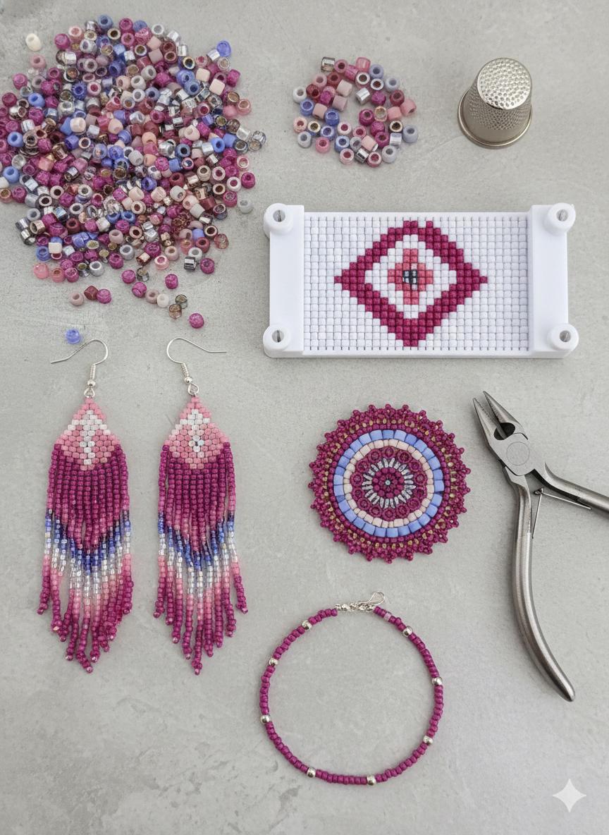 various crafting supplies, including beads, earrings, a bead mat, and tools such as pliers, arranged on a gray surface.