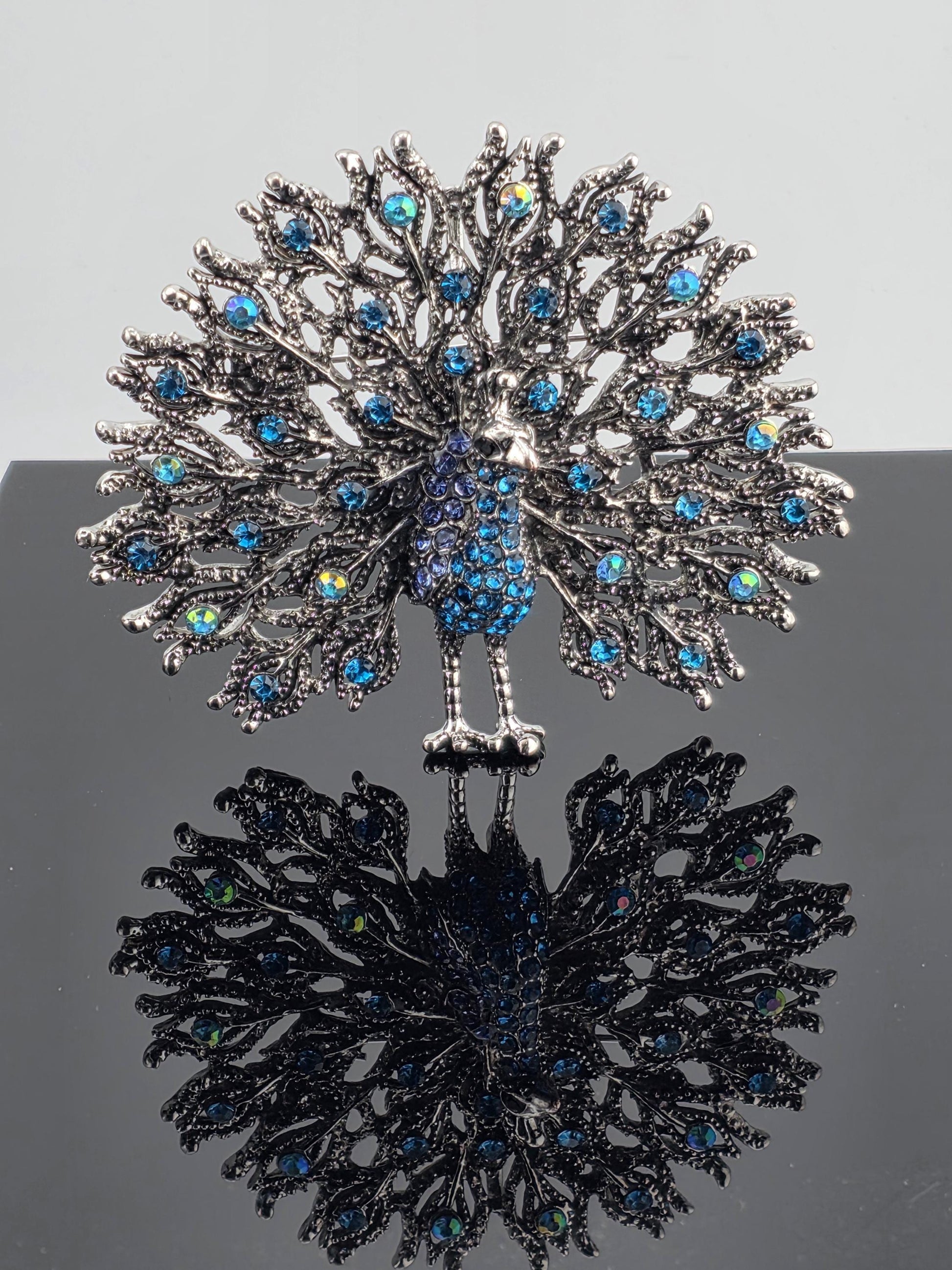 Nature-Inspired Peacock Brooch Pin, Colorful Enamel (Silver Plated, Rhinestones)