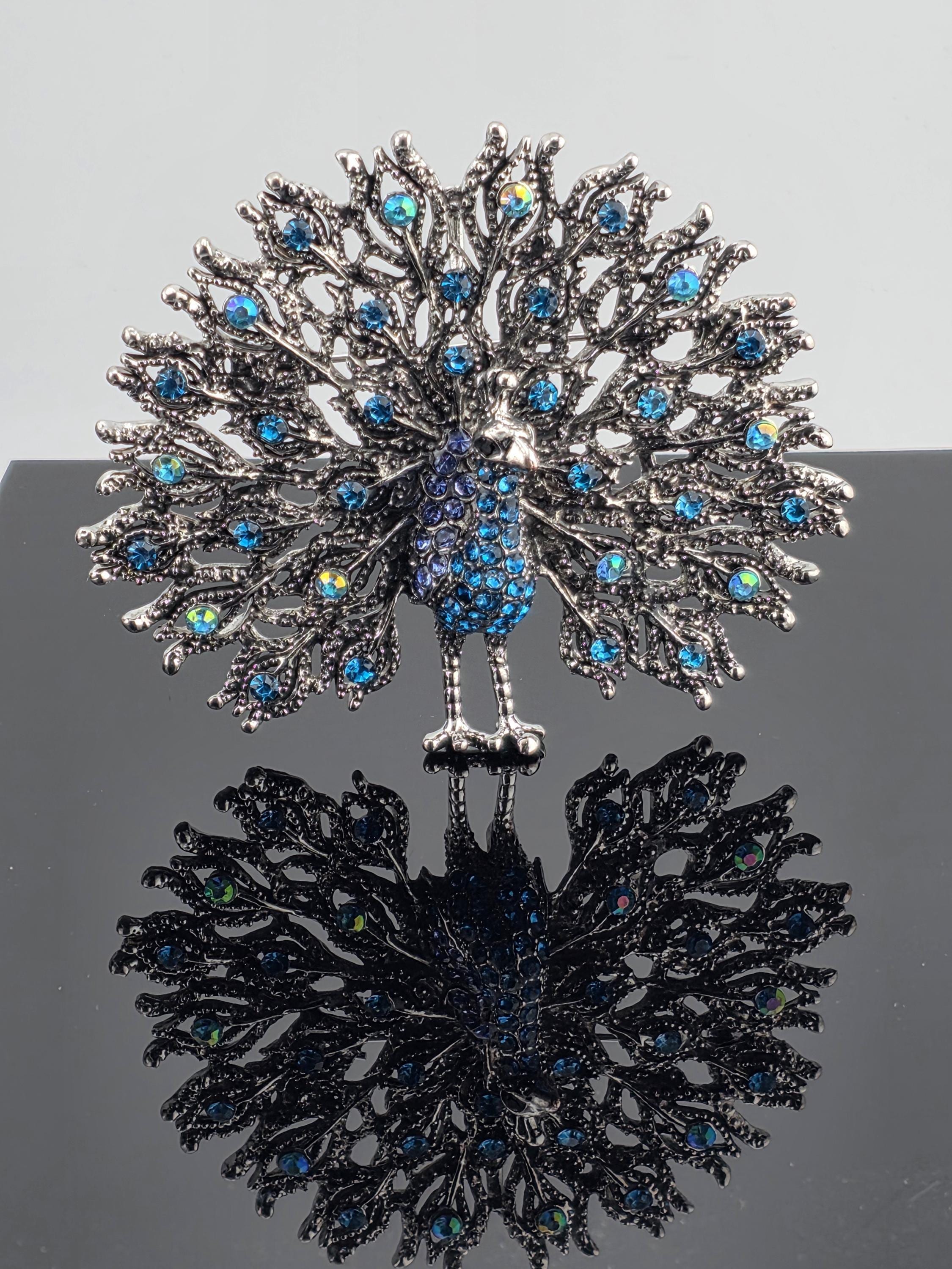 Nature-Inspired Peacock Brooch Pin, Colorful Enamel (Silver Plated, Rhinestones)