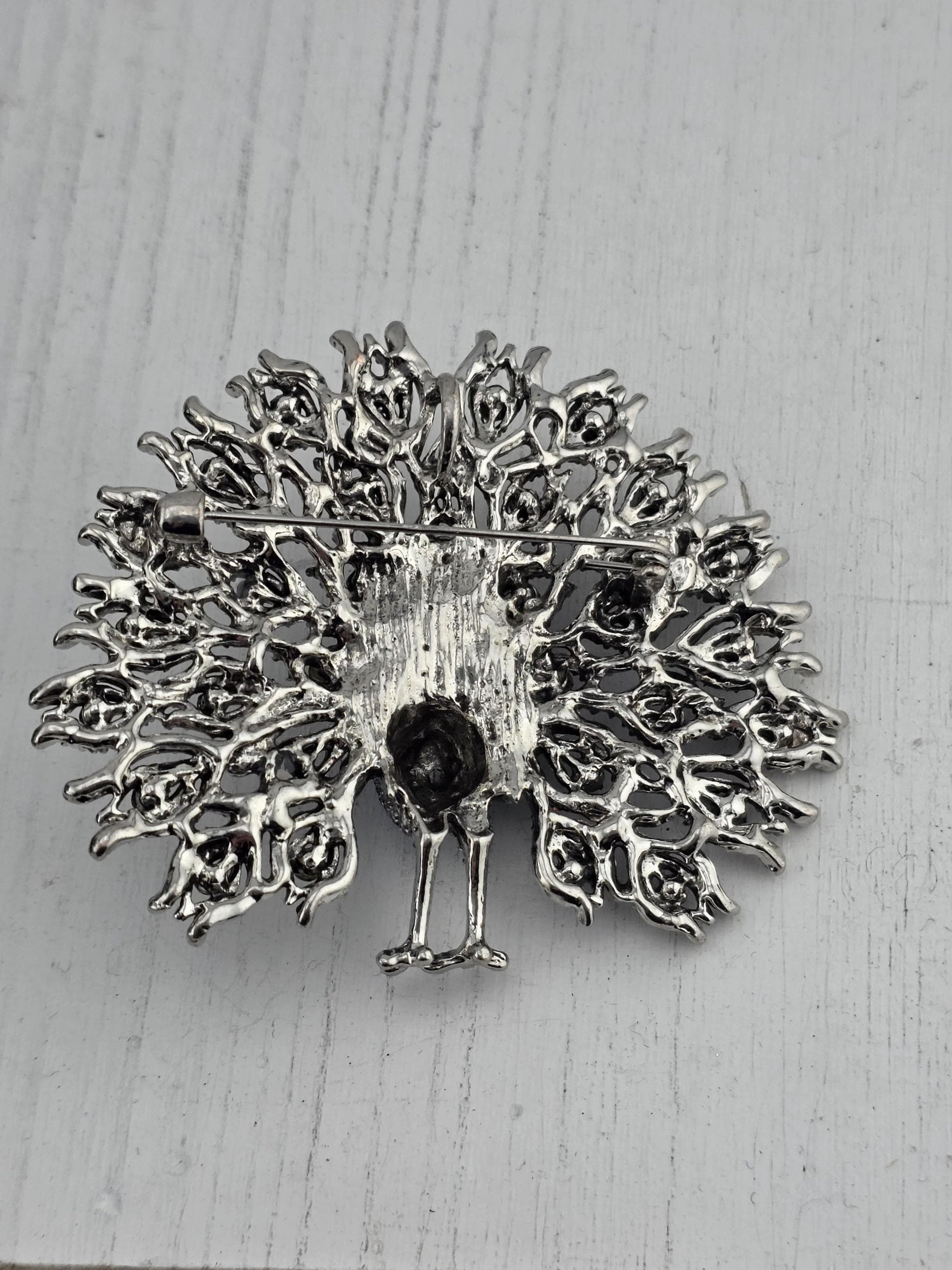 Nature-Inspired Peacock Brooch Pin, Colorful Enamel (Silver Plated, Rhinestones)