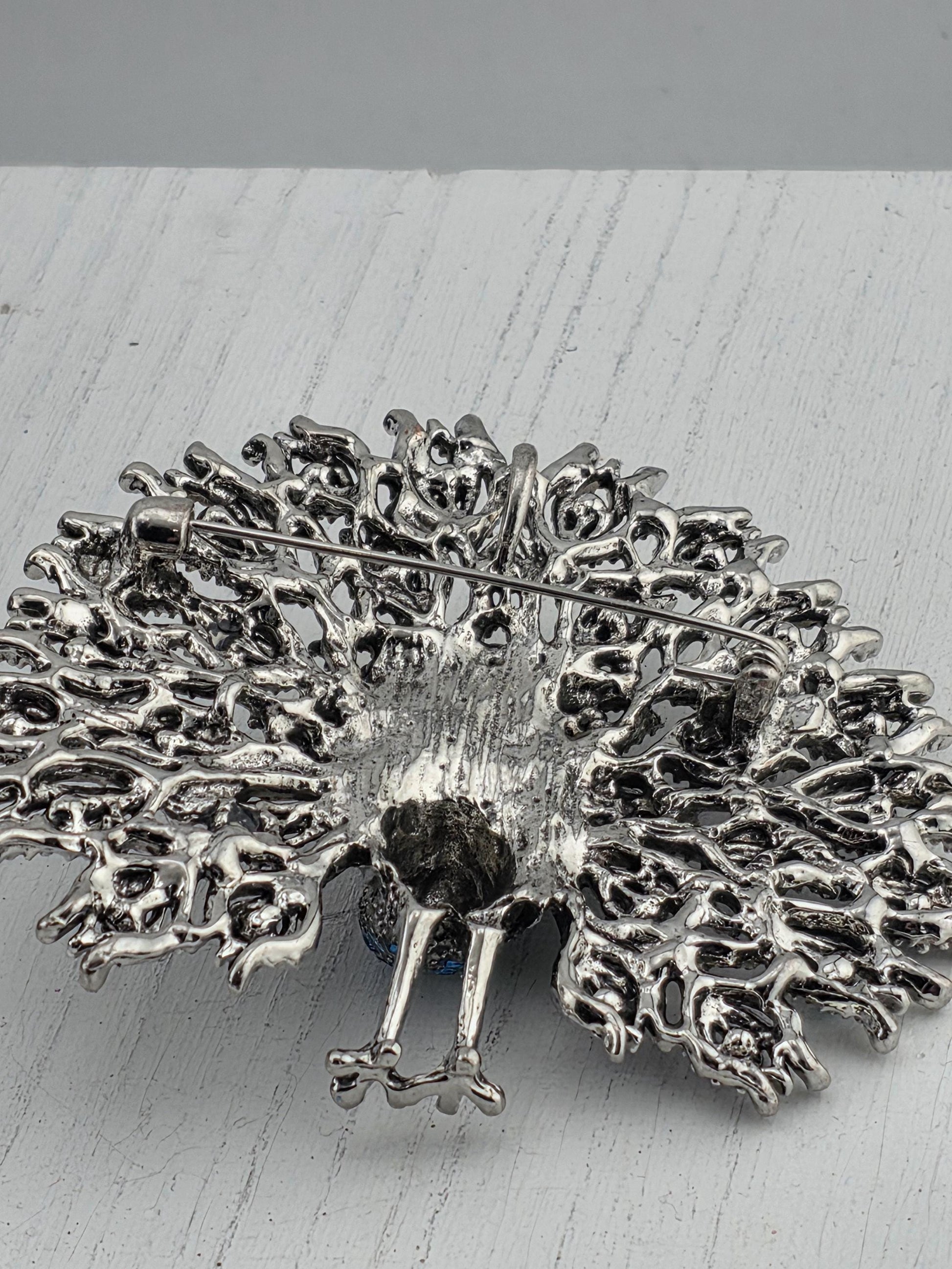 Nature-Inspired Peacock Brooch Pin, Colorful Enamel (Silver Plated, Rhinestones)