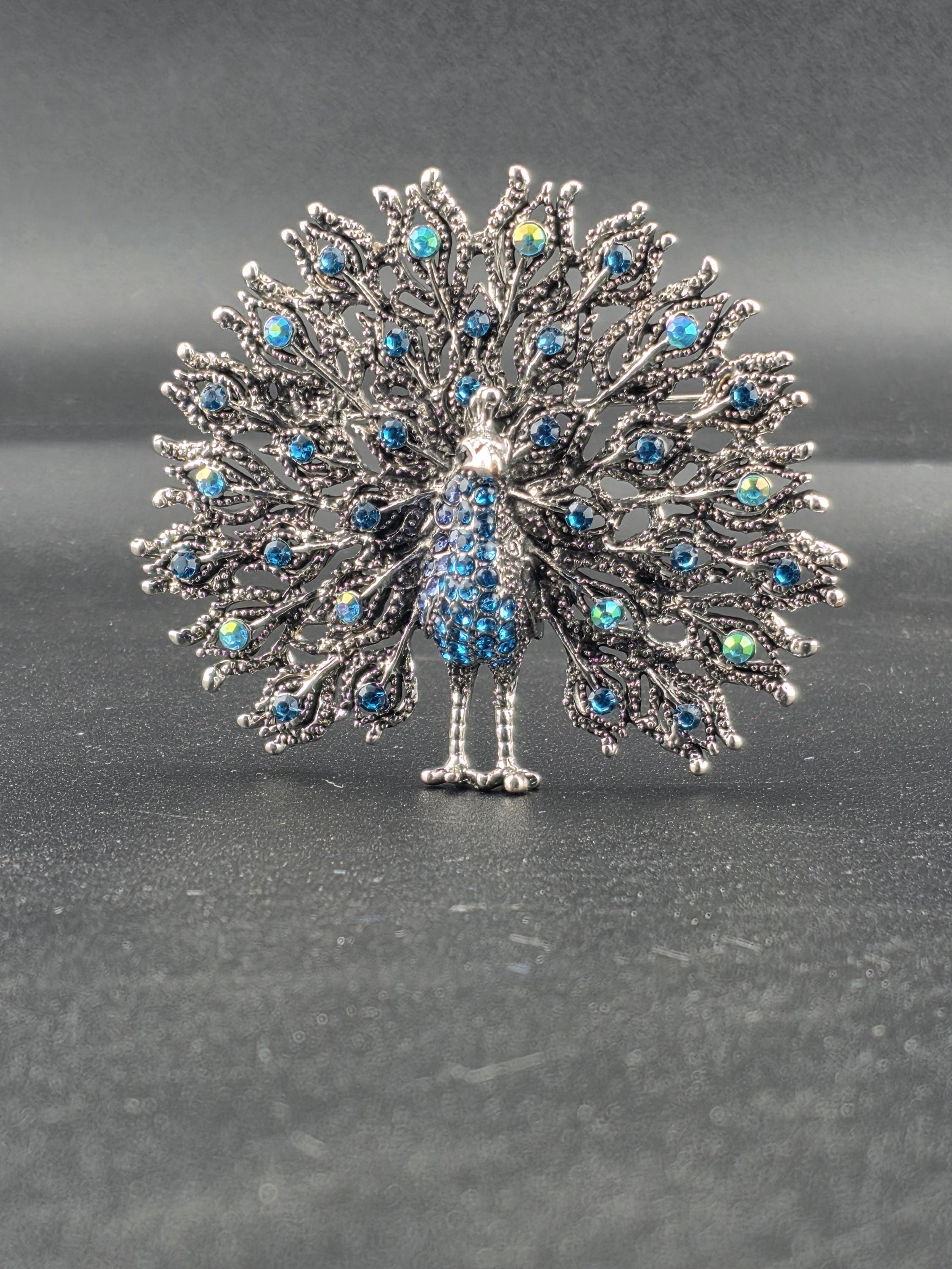 Nature-Inspired Peacock Brooch Pin, Colorful Enamel (Silver Plated, Rhinestones) | Handmade Pin | Jacket Scarf Hat Accessory | Gift Idea