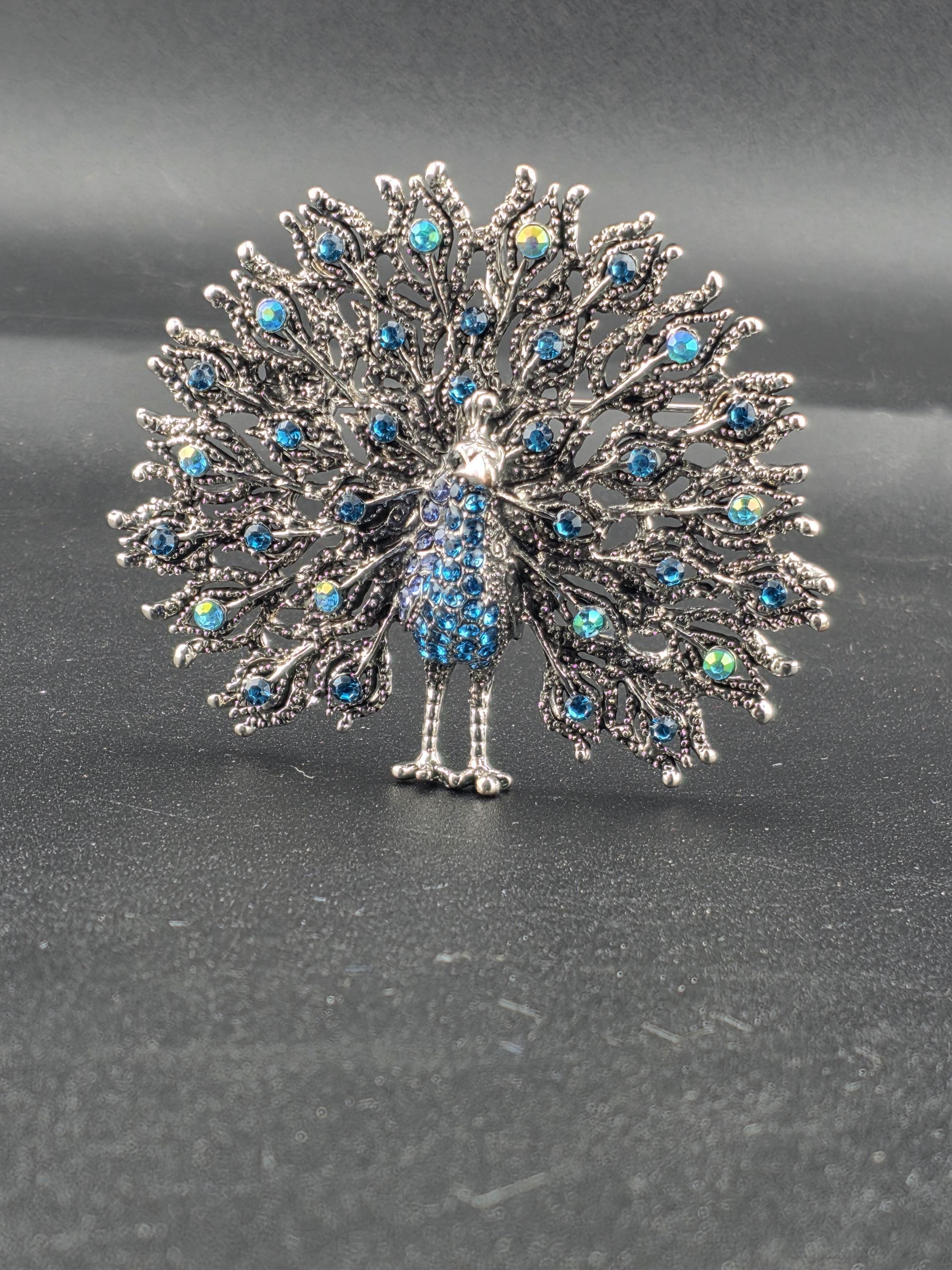 Nature-Inspired Peacock Brooch Pin, Colorful Enamel (Silver Plated, Rhinestones)