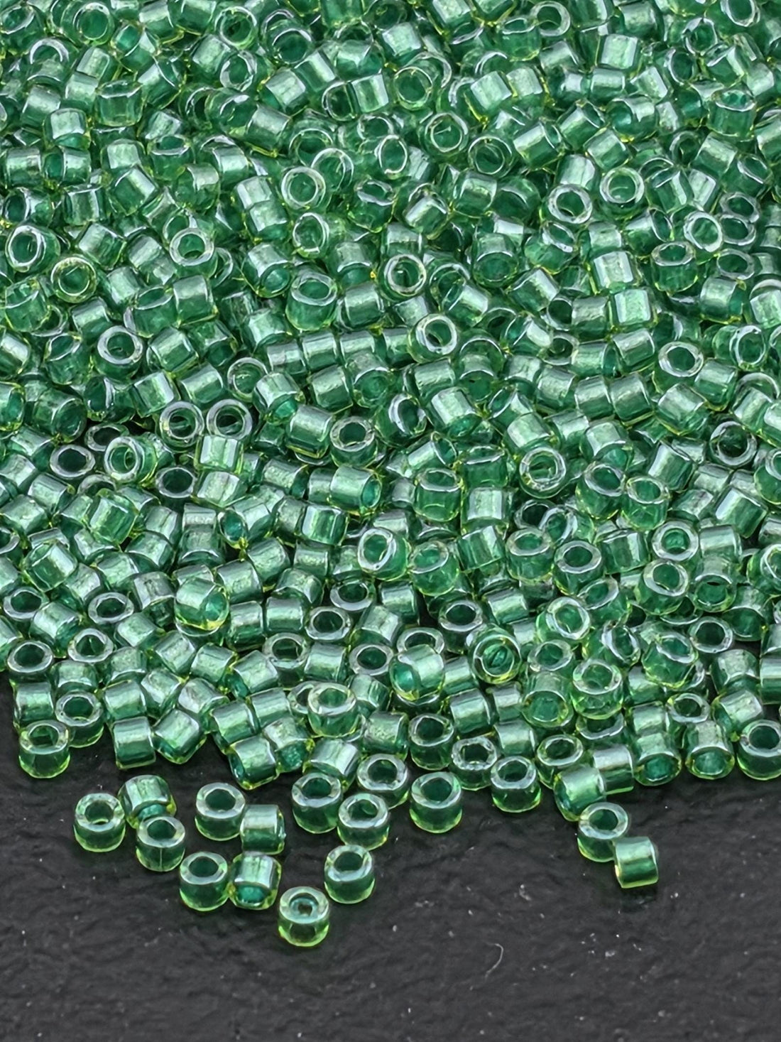 DB0916:Light Green/Green Inside Color Lined Sparkle Duracoat Miyuki Delica (Size 11, 7 grams, ~1400 beads)