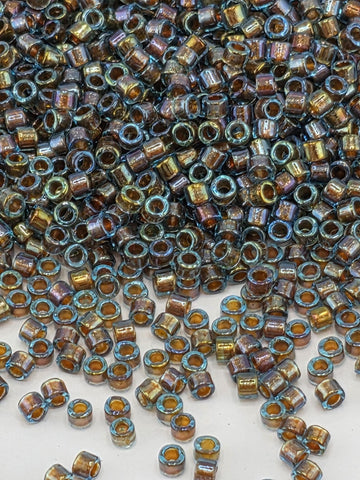DB1775:Blue/Gold Inside Color Lined Sparkle Rainbow Miyuki Delica (Size 11, 7 grams, ~1400 beads)