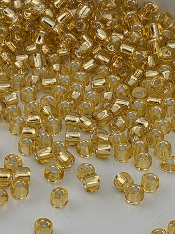 a close-up view of numerous small, clear glass beads in a golden color, scattered across a surface.
