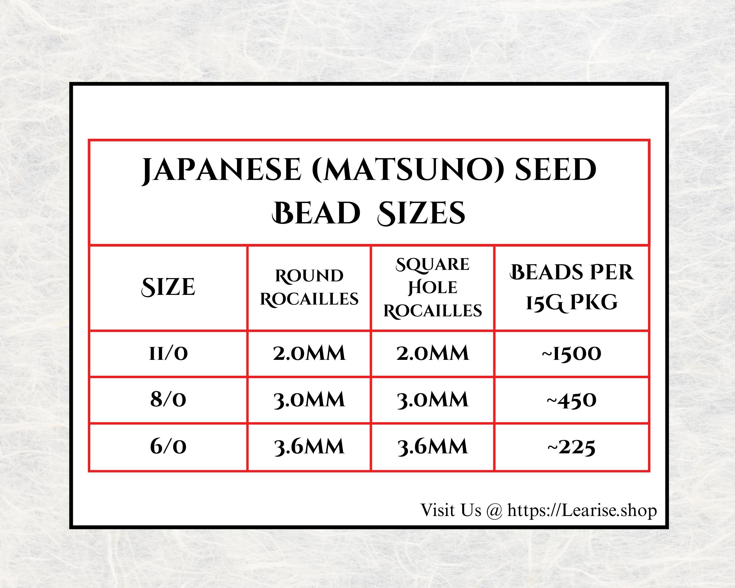 The image is a table with information about the sizes of Japanese (Matsuno) seed beads. It provides the sizes and corresponding bead per 15g/PG for round, square, and hole rocailles. The table is organized in a grid format with the sizes listed on the left and the bead sizes on the right. The image does not contain any text that can be described in fewer than 500 characters.