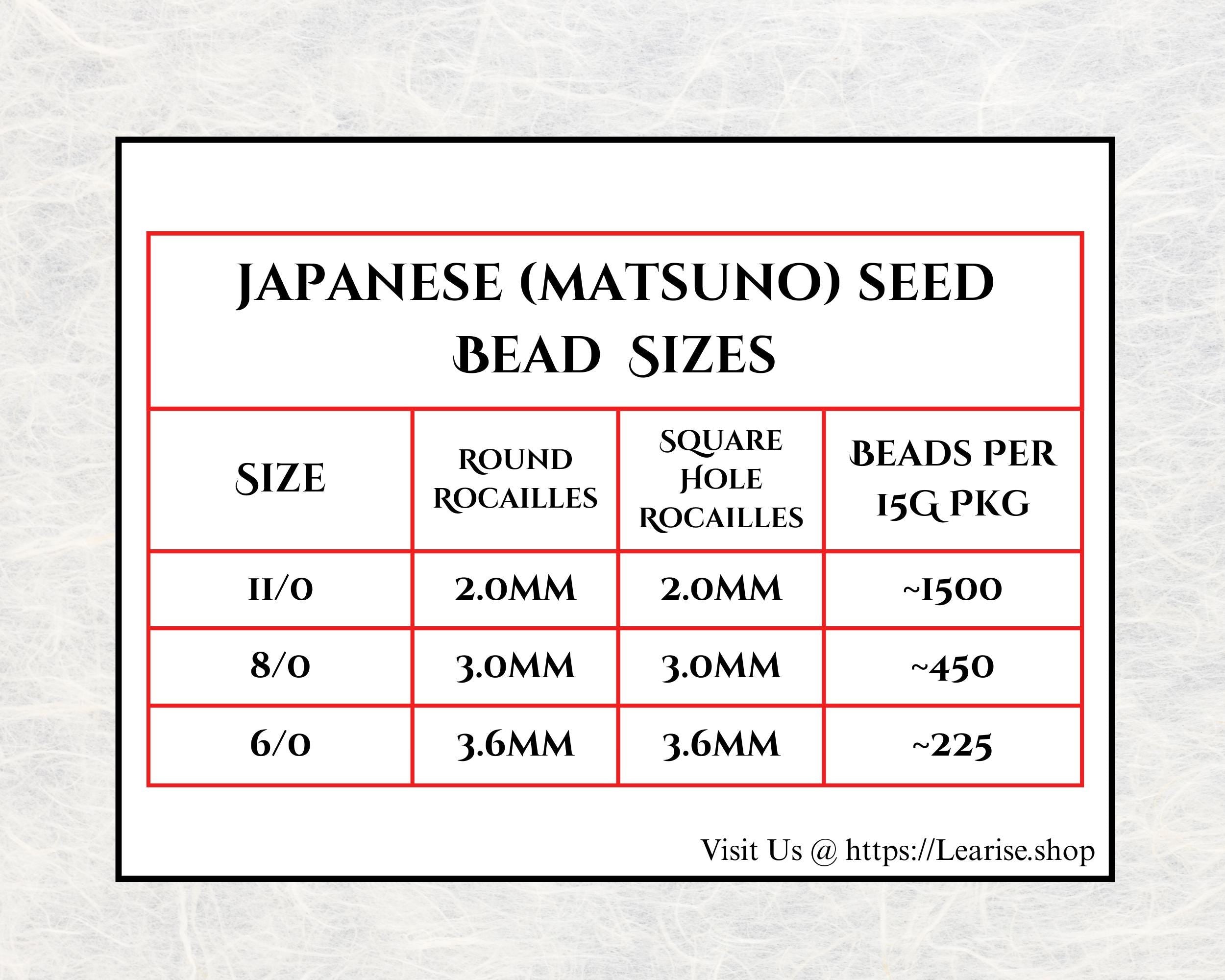 The image is a table with information about the sizes of Japanese (Matsuno) seed beads. It provides the sizes and corresponding bead per 15g/PG for round, square, and hole rocailles. The table is organized in a grid format with the sizes listed on the left and the bead sizes on the right. The image does not contain any text that can be described in fewer than 500 characters.