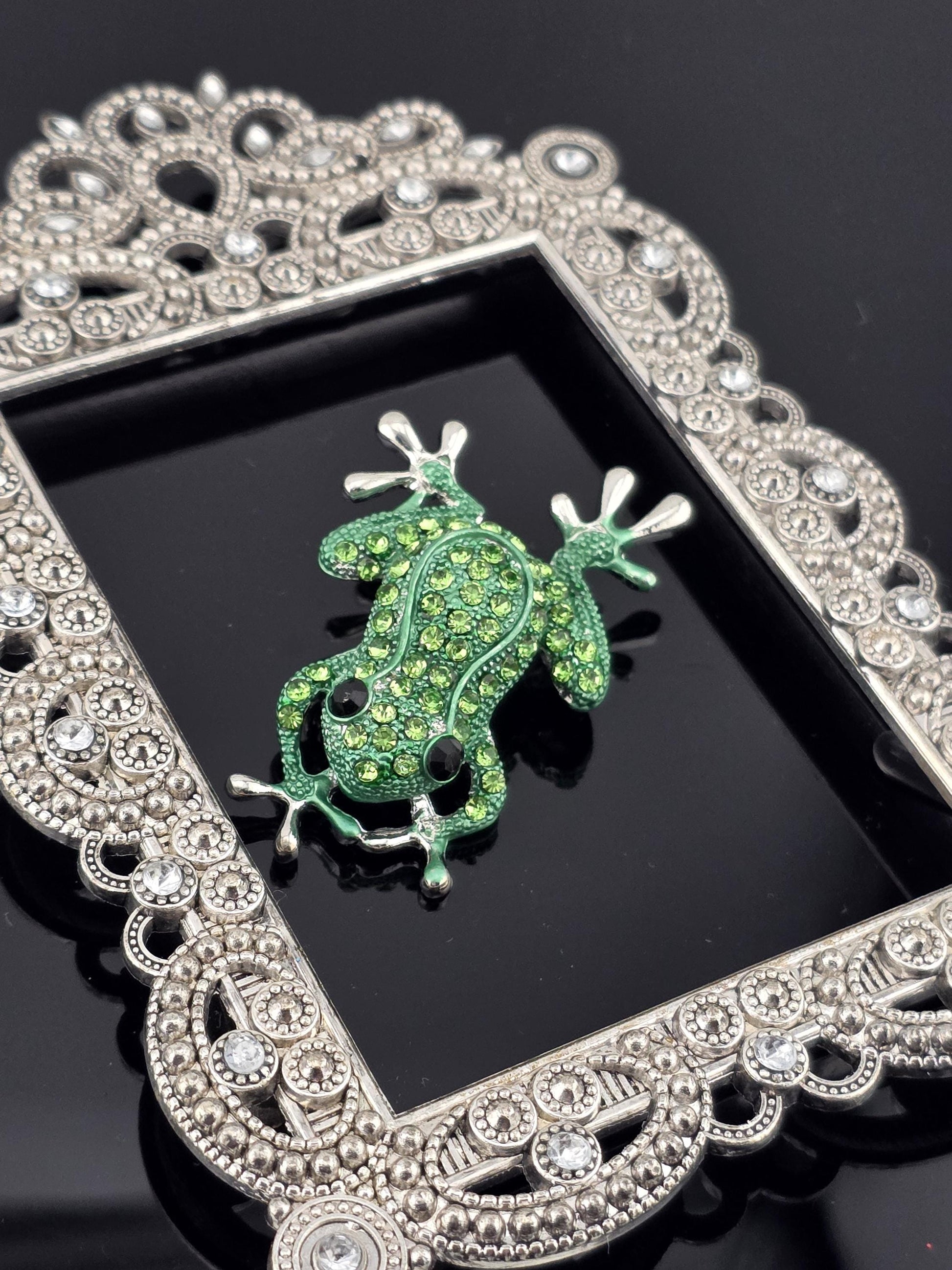 A decorative silver frame with a green frog brooch on it, placed on a black surface.