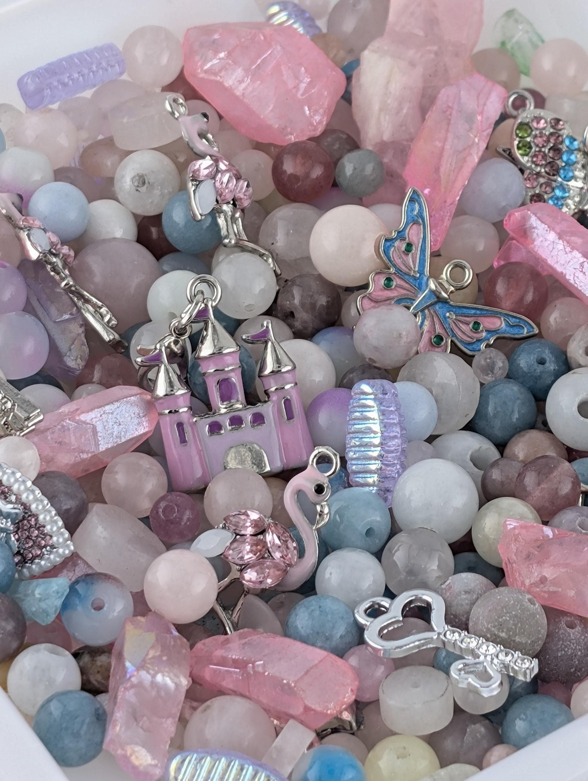 Flamingo Fairytale Beads, Pink Gemstones & Glass Charms (2oz Mix) | Jewelry Making Bracelet Supply | Learise Curated Mix