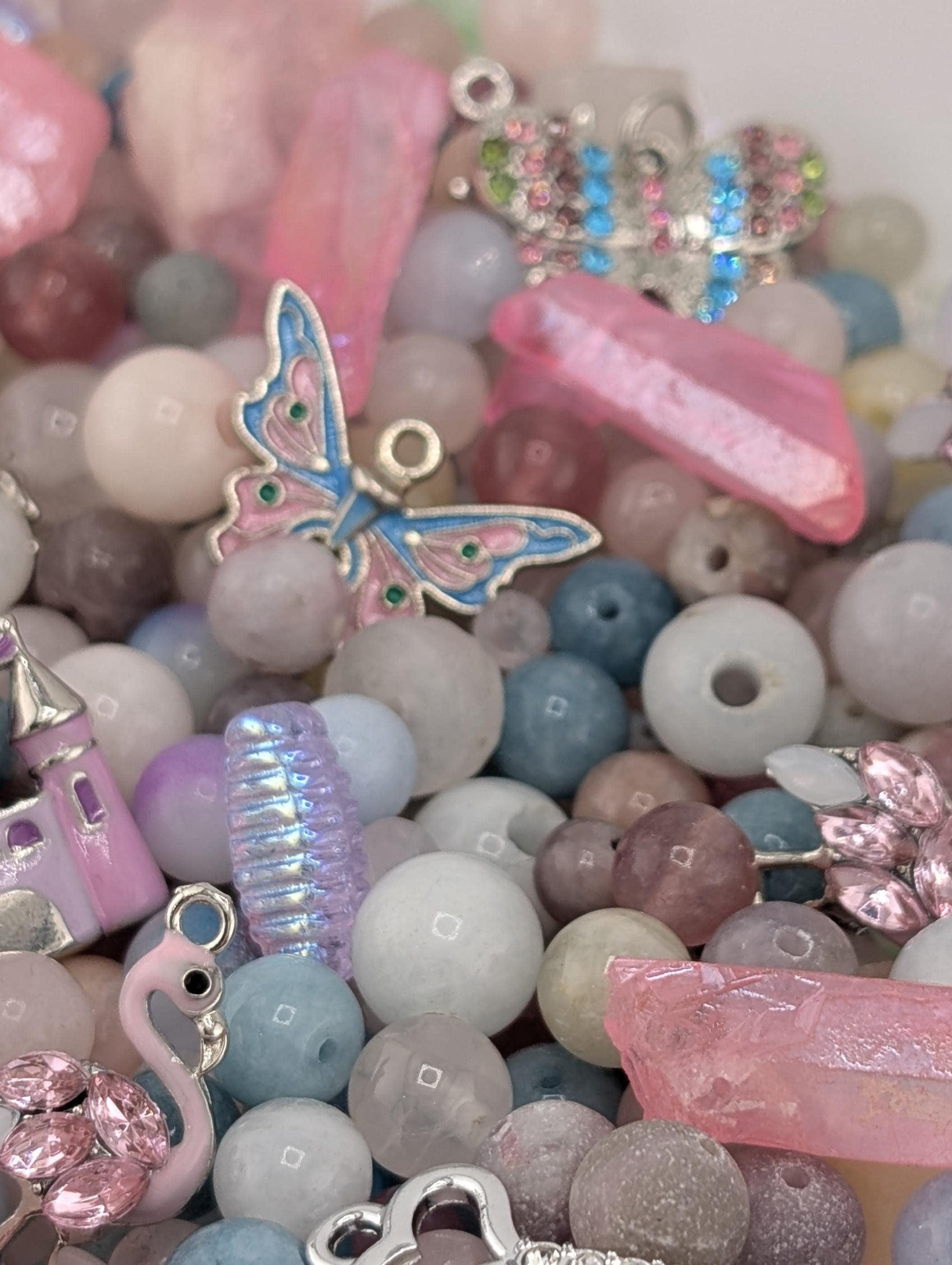 Flamingo Fairytale Beads, Pink Gemstones & Glass Charms (2oz Mix) | Jewelry Making Bracelet Supply | Learise Curated Mix