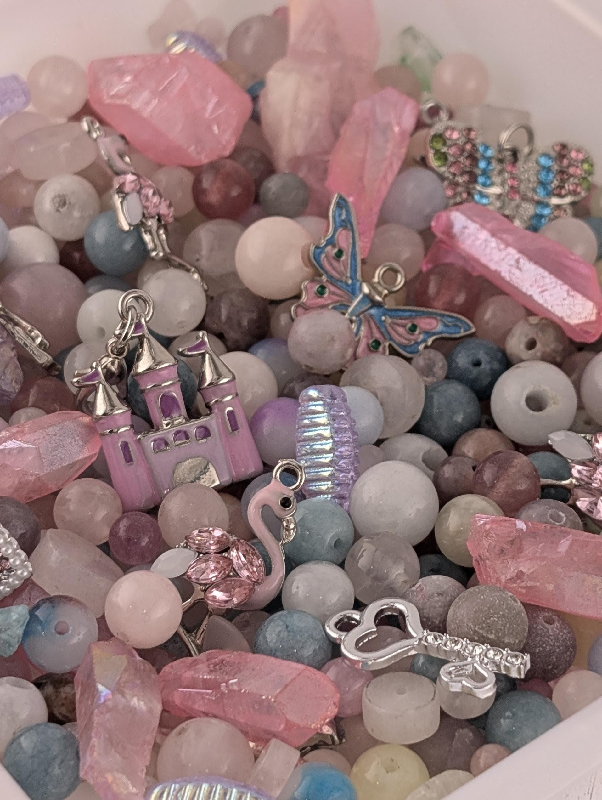 Flamingo Fairytale Beads, Pink Gemstones & Glass Charms (2oz Mix) | Jewelry Making Bracelet Supply | Learise Curated Mix