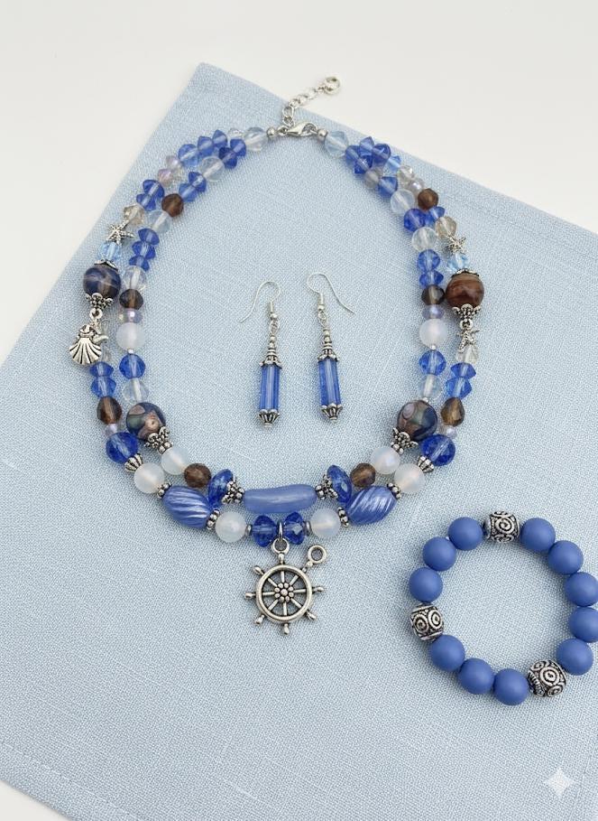 2oz "Sandy Oceans" Glass Bead Mix Blue, brown & white with Metal Sea Life Charms