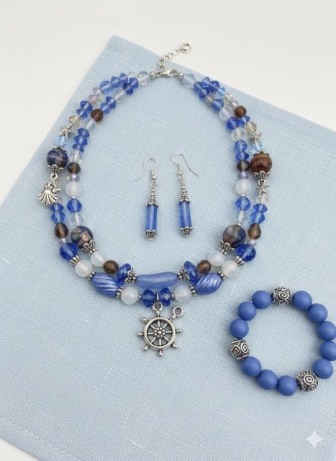 1 Glass Bead Mix: Sandy Oceans Blue, Brown & White - Nautical Charms