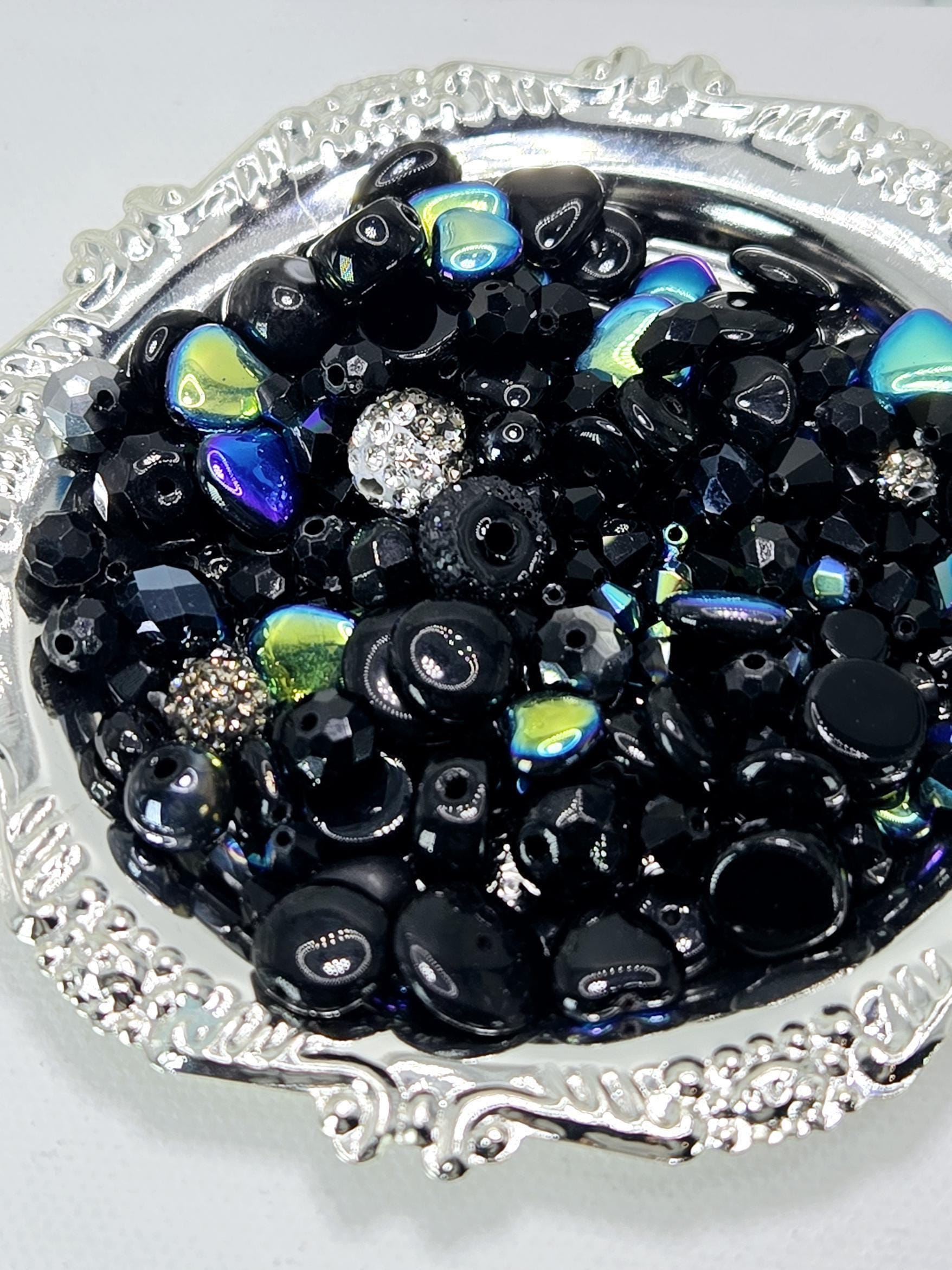 Glass Bead Soup Mix: Black and Charcoal Faceted Beads - Swarovski Charms | Jewelry Making Bracelet Supply | Learise Curated Mix